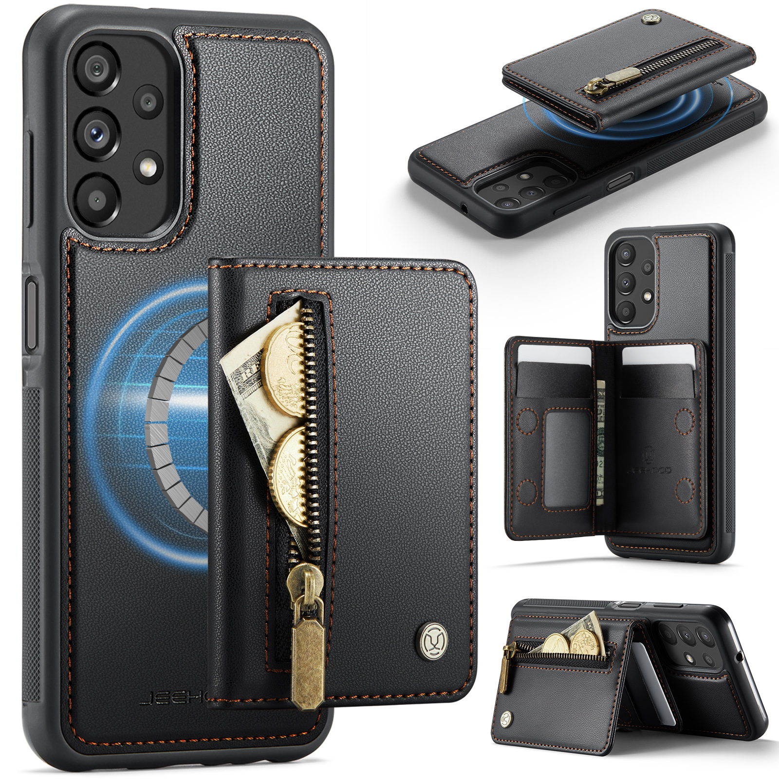 JEEHOOD For Samsung Galaxy A13 4G / Galaxy A04s 4G (164.7mm) / Galaxy A13 5G Case J12 Magnetic Detachable Zipper Wallet Kickstand Leather Back Cover Magnetic Case - Black