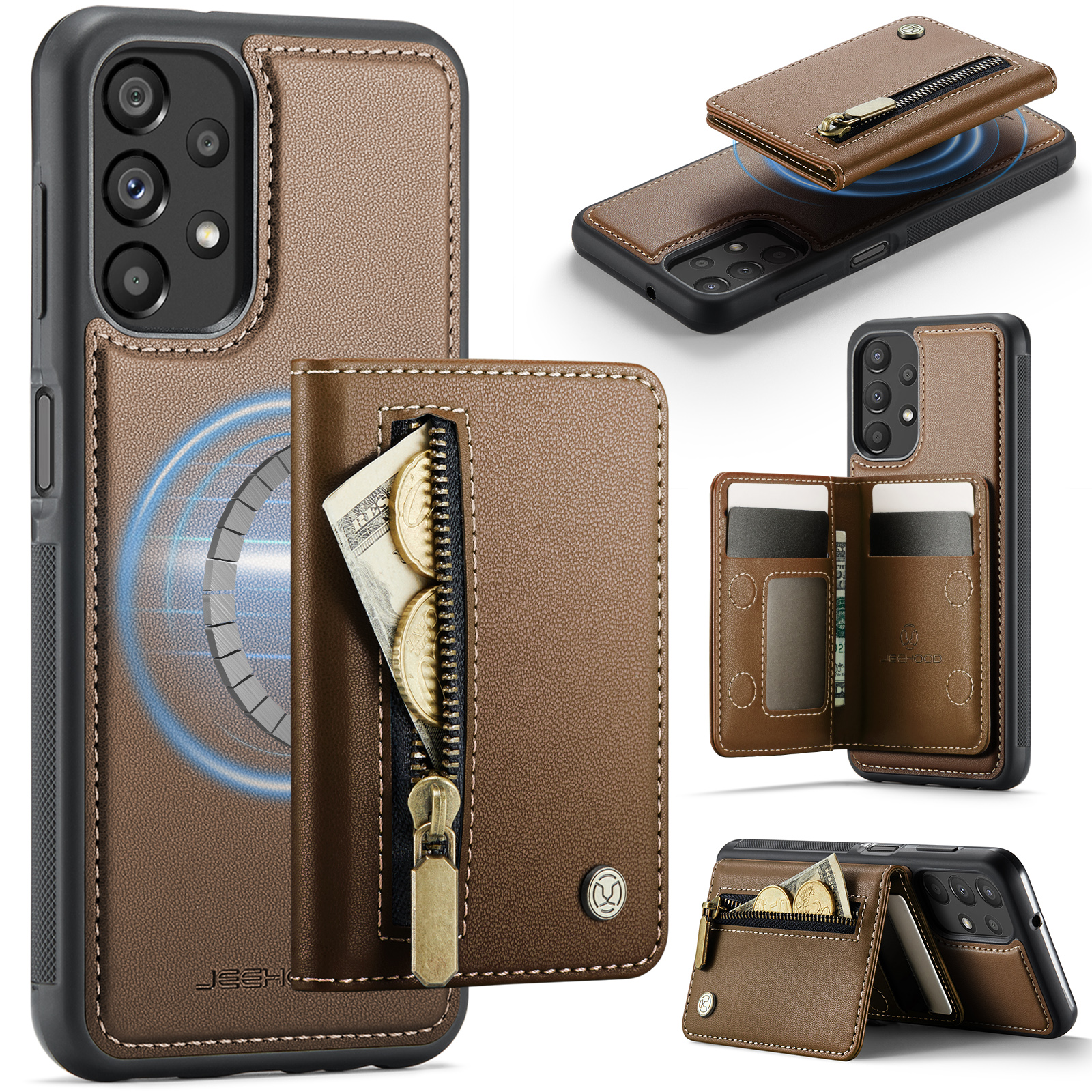 JEEHOOD For Samsung Galaxy A13 4G / Galaxy A04s 4G (164.7mm) / Galaxy A13 5G Case J12 Magnetic Detachable Zipper Wallet Kickstand Leather Back Cover Magnetic Case - Brown