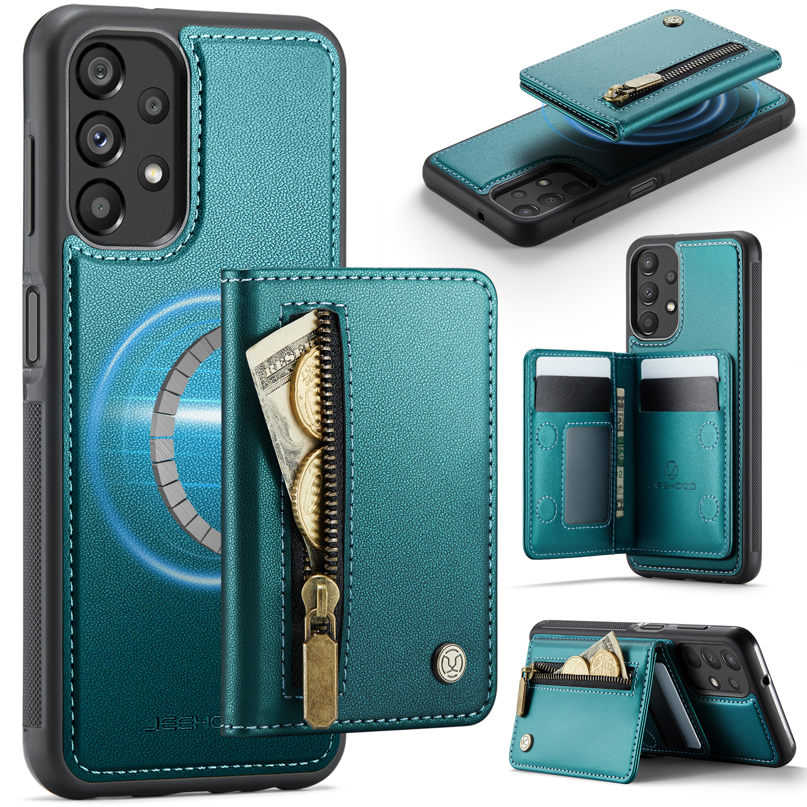 JEEHOOD For Samsung Galaxy A13 4G / Galaxy A04s 4G (164.7mm) / Galaxy A13 5G Case  J12 Magnetic Detachable Zipper Wallet Kickstand Leather Back Cover Magnetic Case - Blue