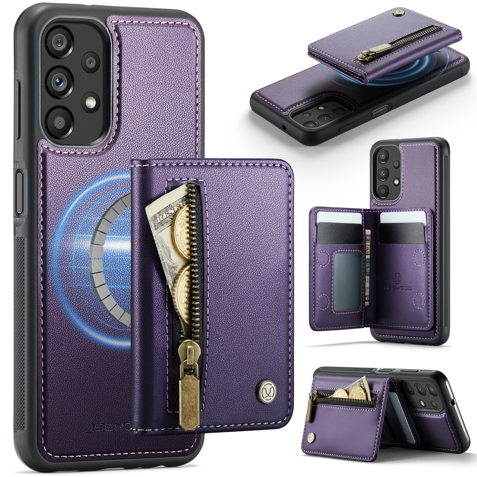 JEEHOOD For Samsung Galaxy A13 4G / Galaxy A04s 4G (164.7mm) / Galaxy A13 5G Case  J12 Magnetic Detachable Zipper Wallet Kickstand Leather Back Cover Magnetic Case - Purple
