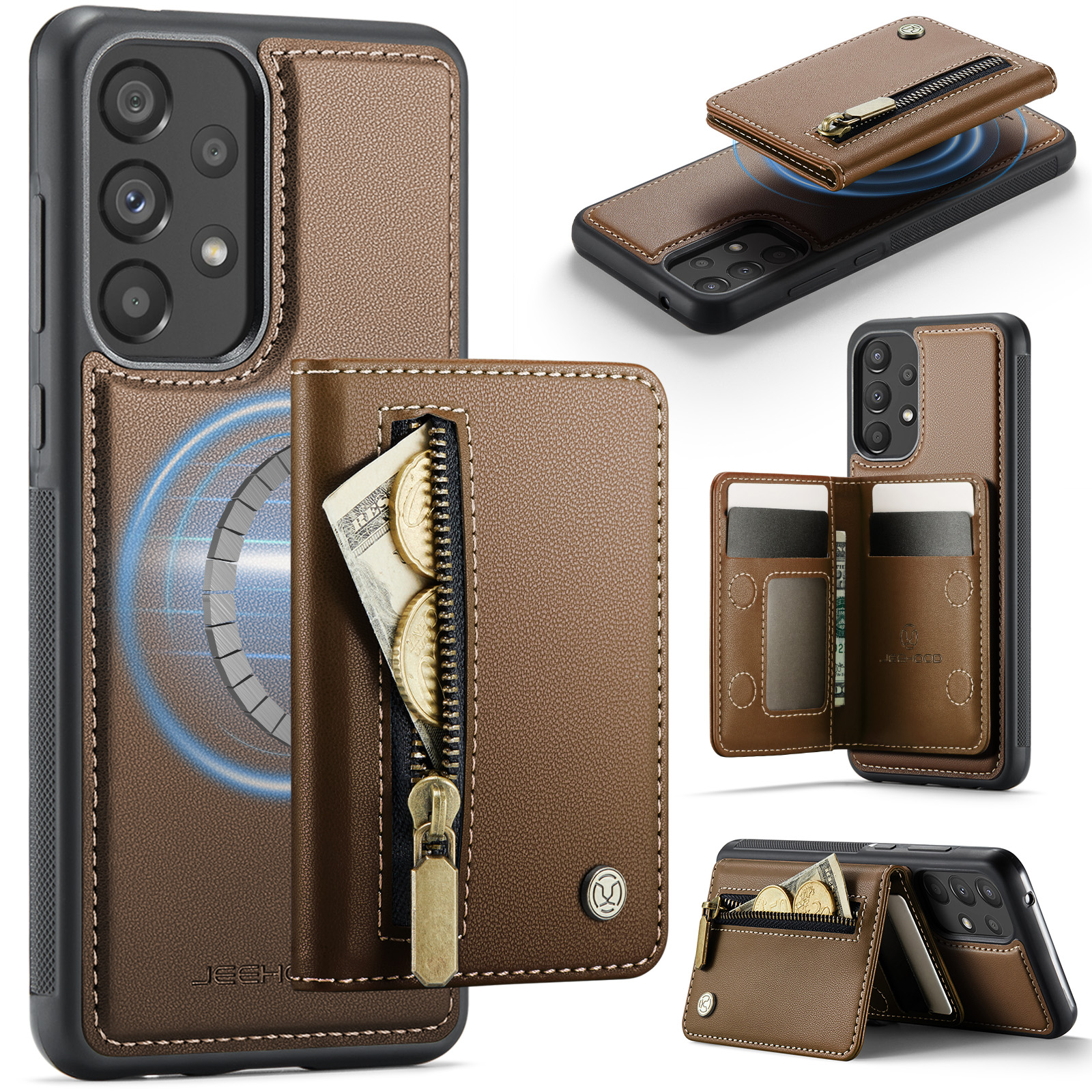 JEEHOOD For Samsung Galaxy A33 5G Case J12 Magnetic Detachable Zipper Wallet Kickstand Leather Back Cover Magnetic Case - Brown