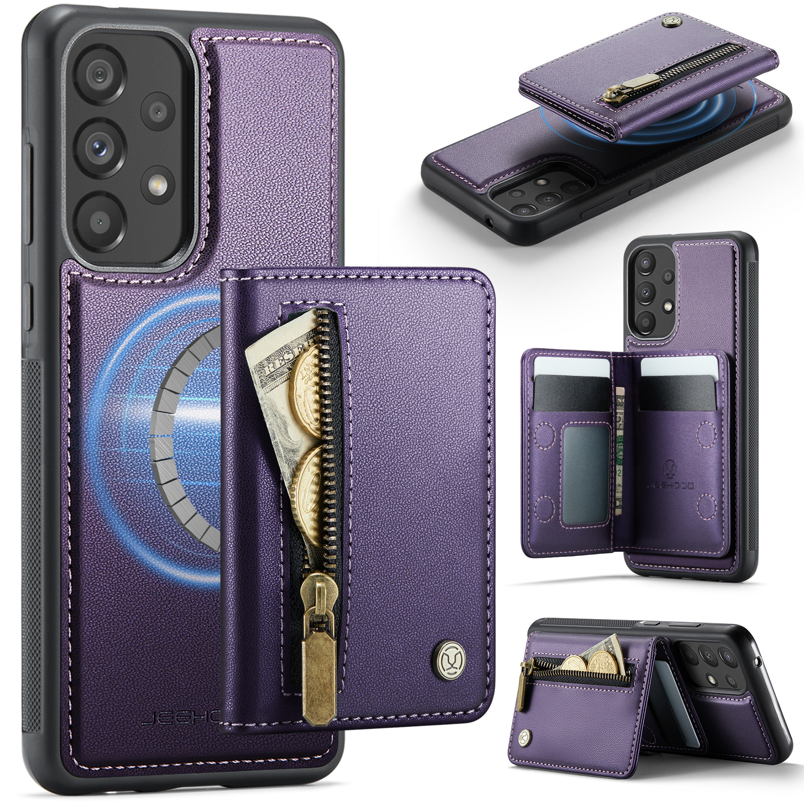 JEEHOOD For Samsung Galaxy A33 5G Case J12 Magnetic Detachable Zipper Wallet Kickstand Leather Back Cover Magnetic Case - Purple