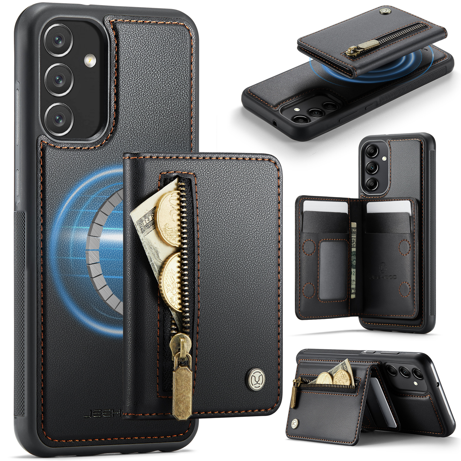 JEEHOOD For Samsung Galaxy A34 5G Case J12 Magnetic Detachable Zipper Wallet Kickstand Leather Back Cover Magnetic Case - Black
