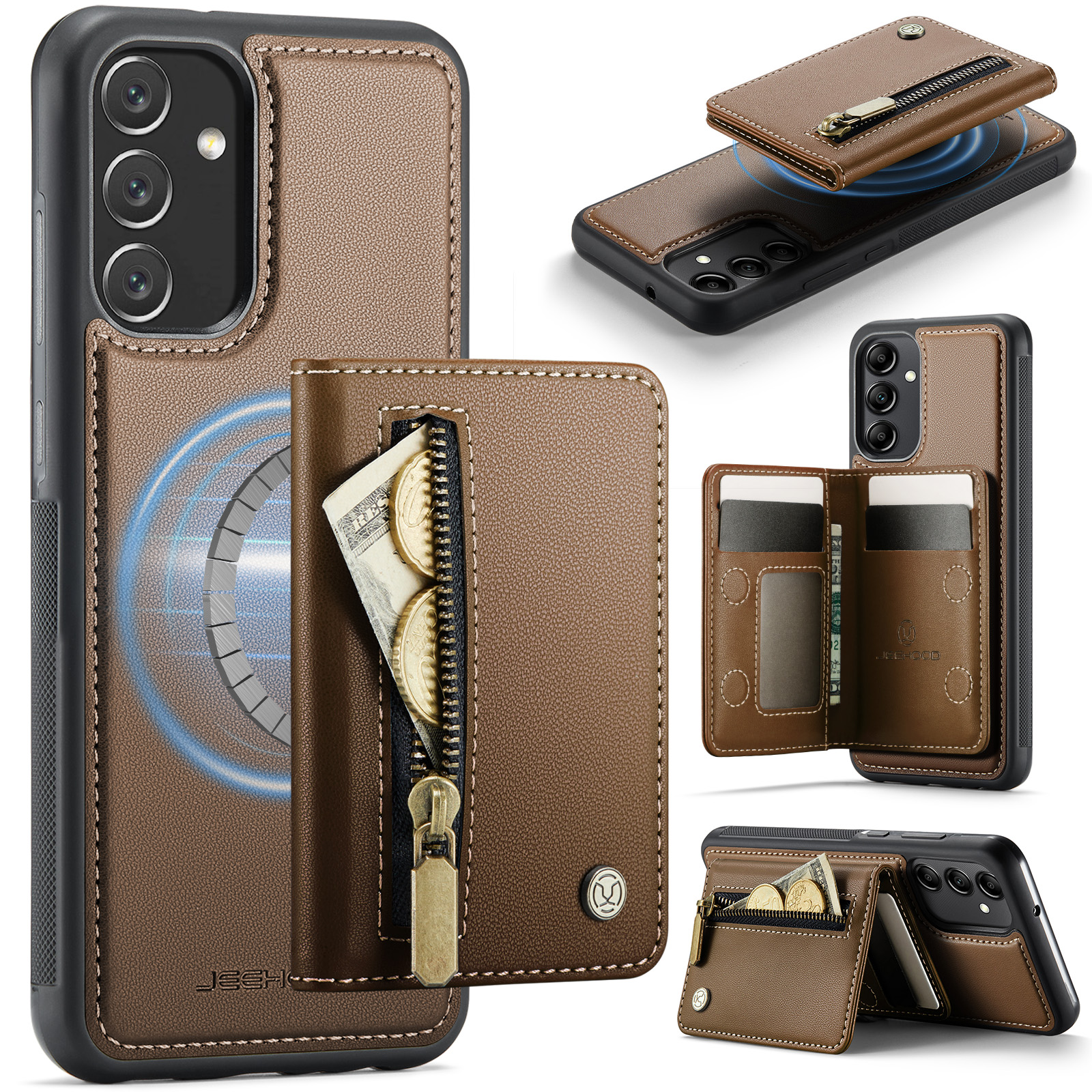 JEEHOOD For Samsung Galaxy A34 5G Case J12 Magnetic Detachable Zipper Wallet Kickstand Leather Back Cover Magnetic Case - Brown