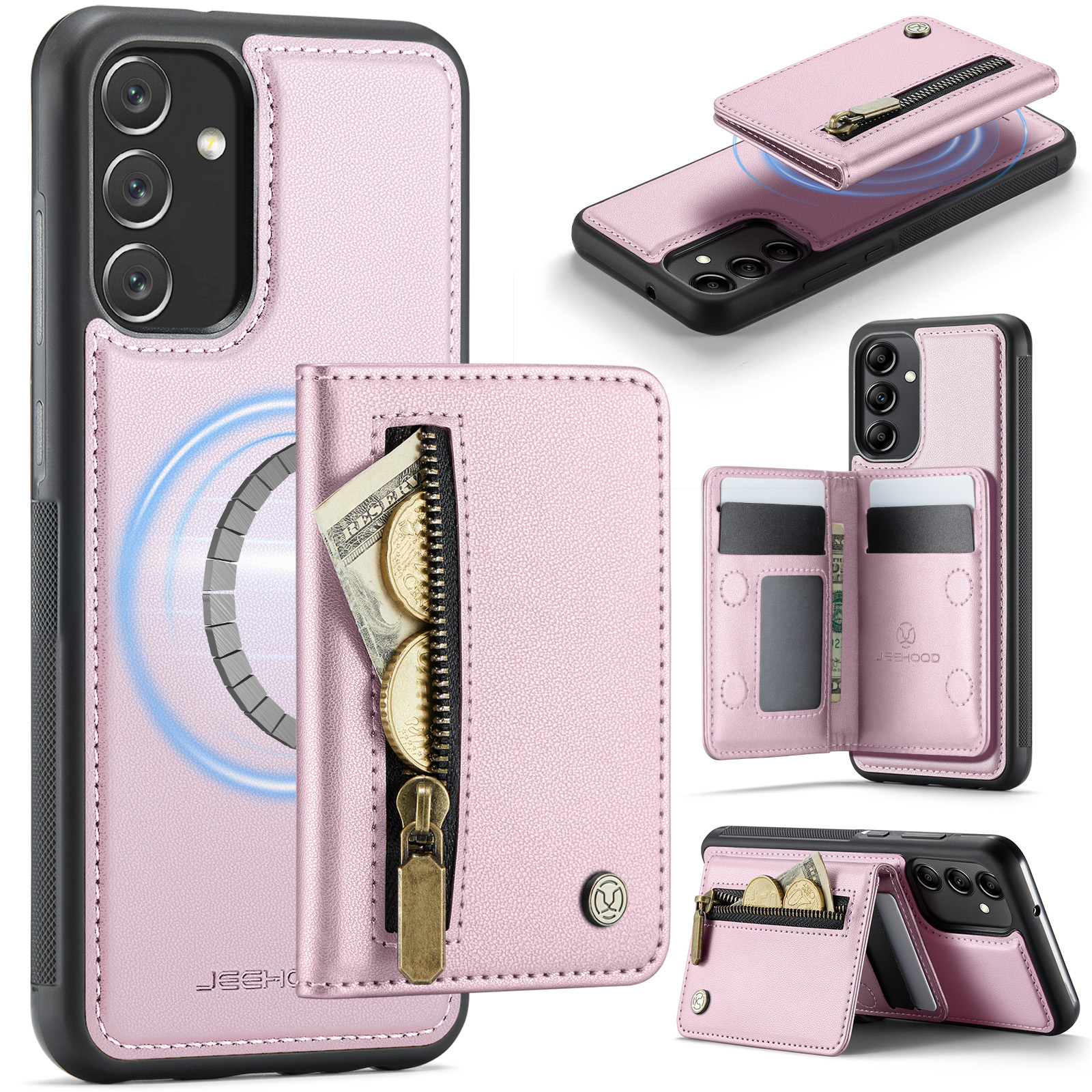 JEEHOOD For Samsung Galaxy A34 5G Case J12 Magnetic Detachable Zipper Wallet Kickstand Leather Back Cover Magnetic Case - Pink