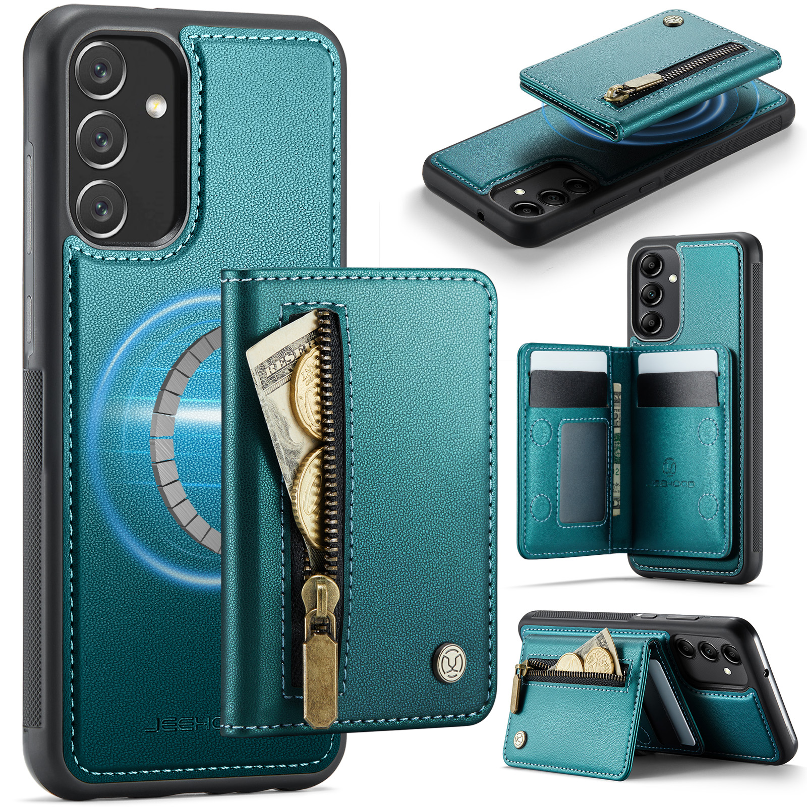 JEEHOOD For Samsung Galaxy A34 5G Case J12 Magnetic Detachable Zipper Wallet Kickstand Leather Back Cover Magnetic Case - Blue