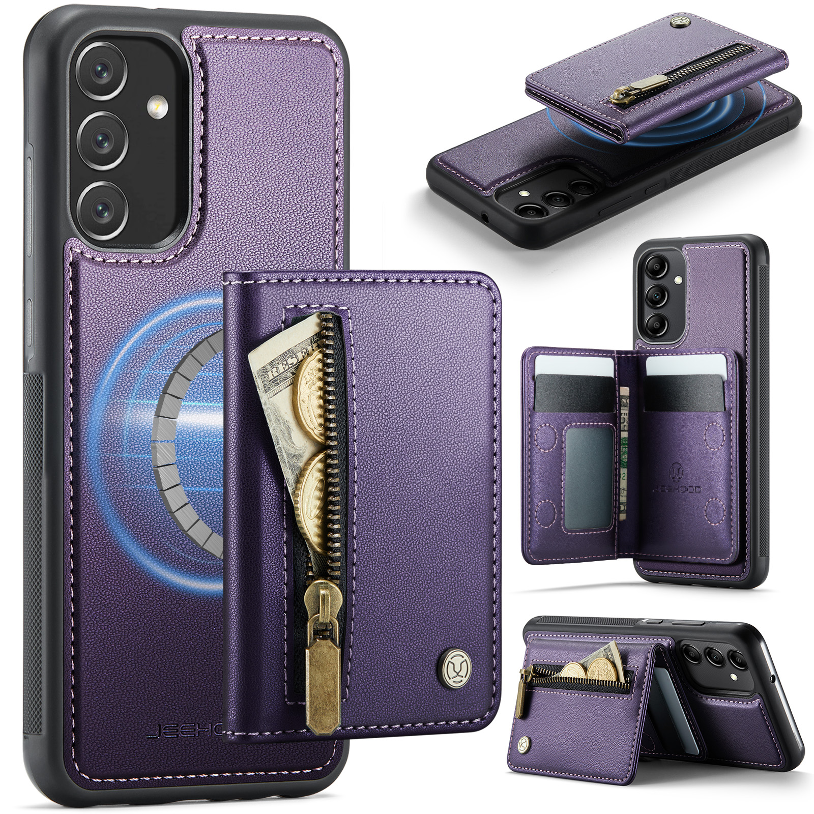 JEEHOOD For Samsung Galaxy A34 5G Case J12 Magnetic Detachable Zipper Wallet Kickstand Leather Back Cover Magnetic Case - Purple