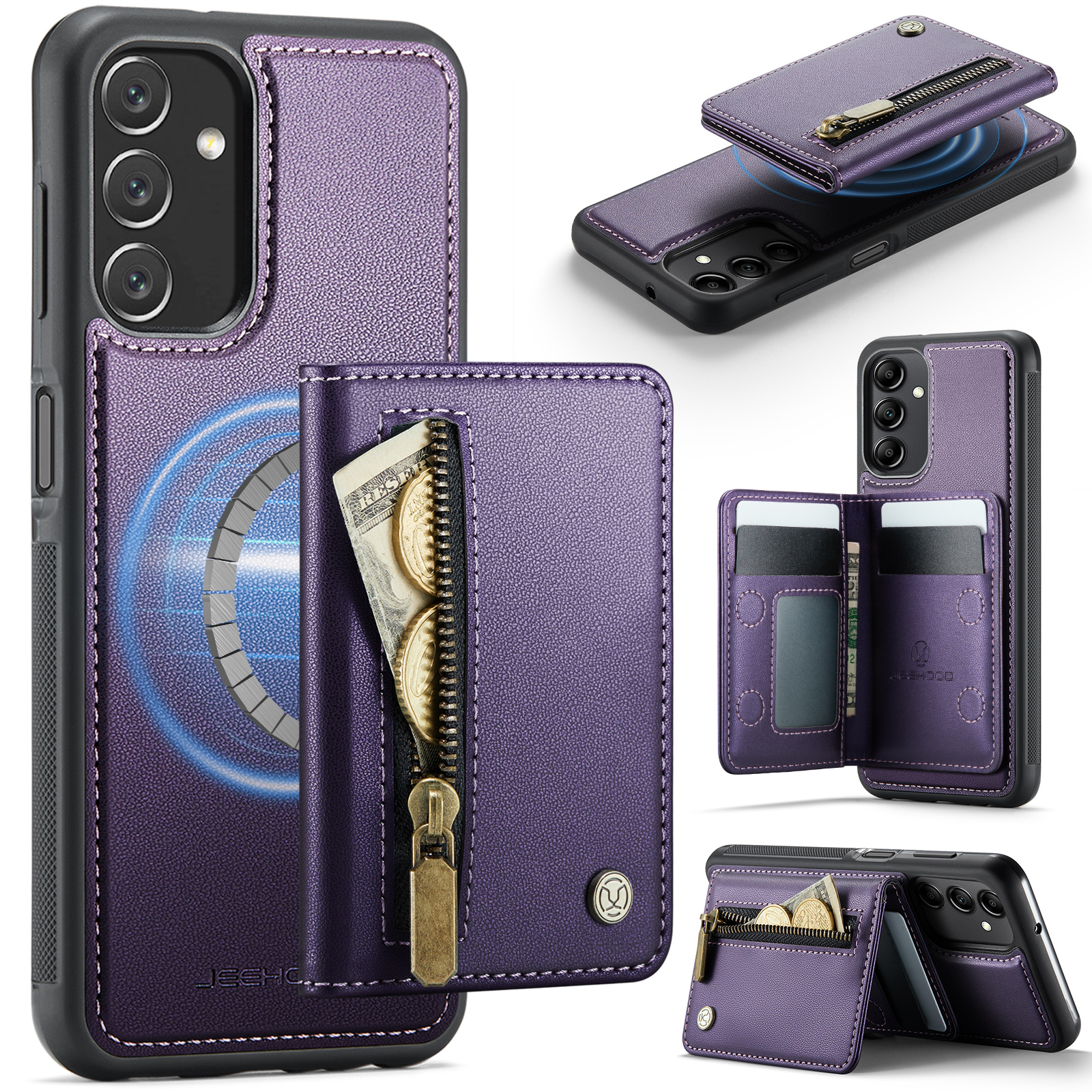 JEEHOOD For Samsung Galaxy M44 5G / Galaxy A14 5G Case  J12 Magnetic Detachable Zipper Wallet Kickstand Leather Back Cover Magnetic Case - Purple