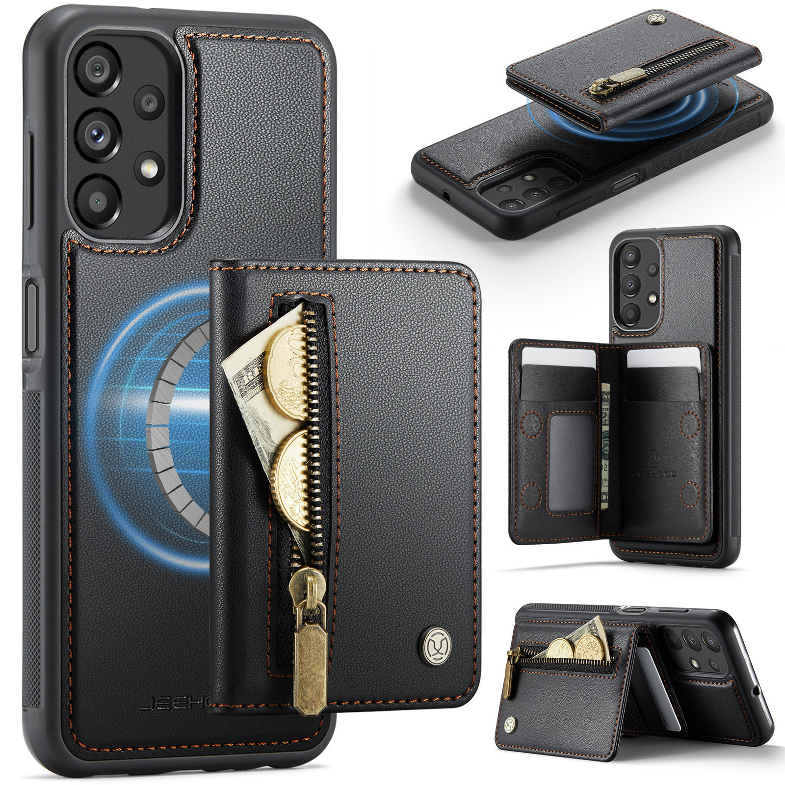 JEEHOOD For Samsung Galaxy A23 5G (Global) / Galaxy A23 4G Case J12 Magnetic Detachable Zipper Wallet Kickstand Leather Back Cover Magnetic Case - Black