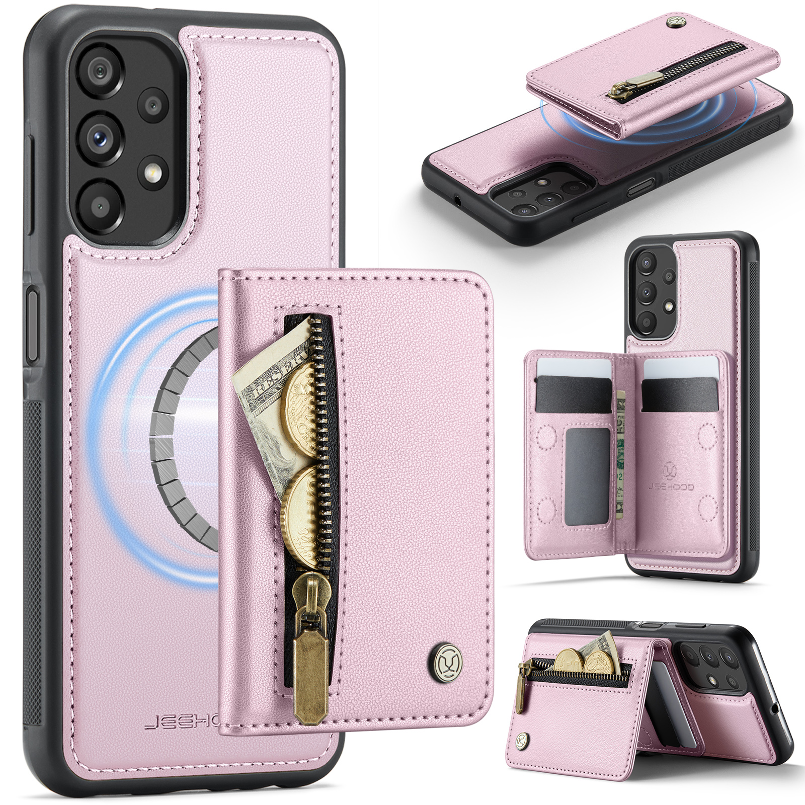 JEEHOOD For Samsung Galaxy A23 5G (Global) / Galaxy A23 4G Case  J12 Magnetic Detachable Zipper Wallet Kickstand Leather Back Cover Magnetic Case - Pink