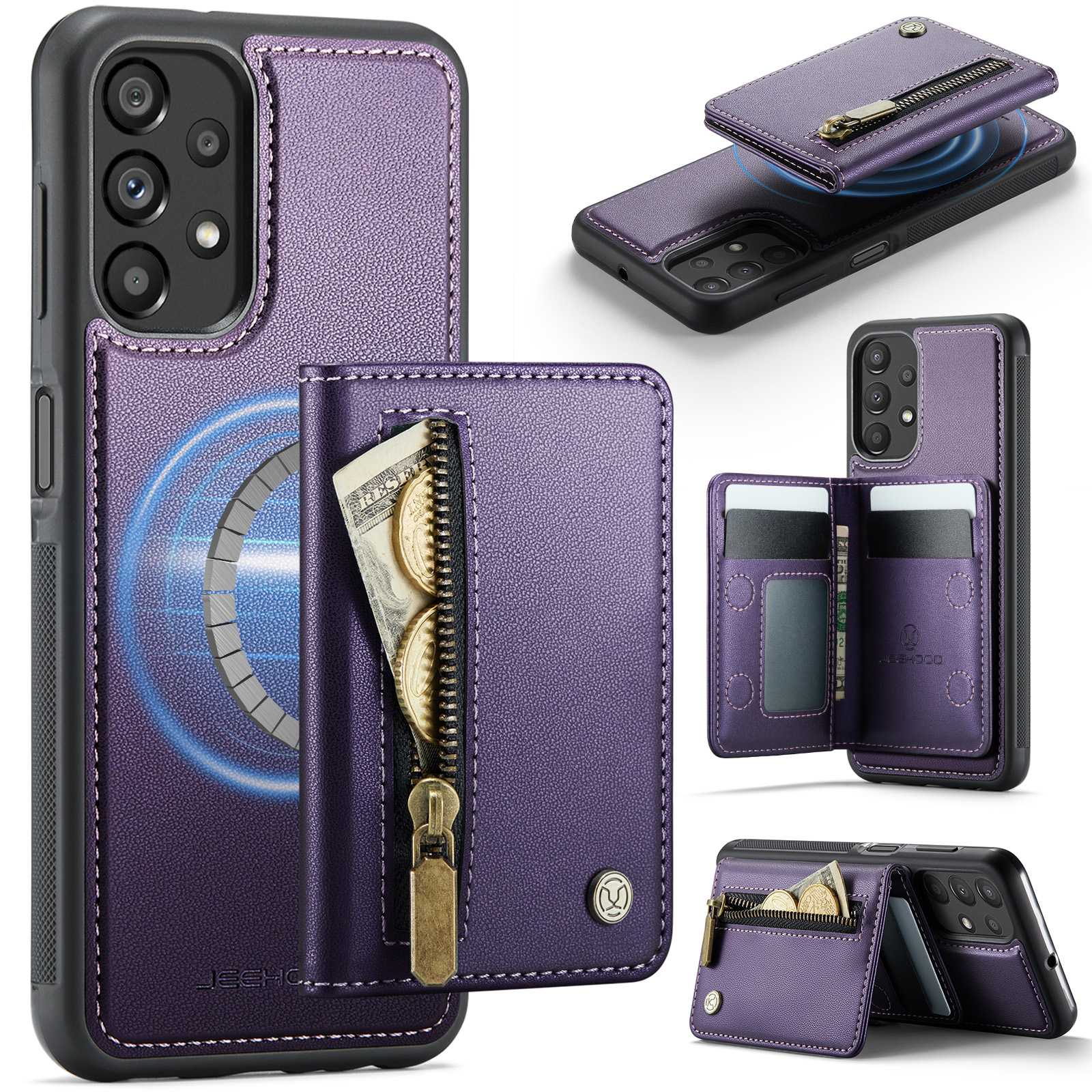 JEEHOOD For Samsung Galaxy A23 5G (Global) / Galaxy A23 4G Case  J12 Magnetic Detachable Zipper Wallet Kickstand Leather Back Cover Magnetic Case - Purple
