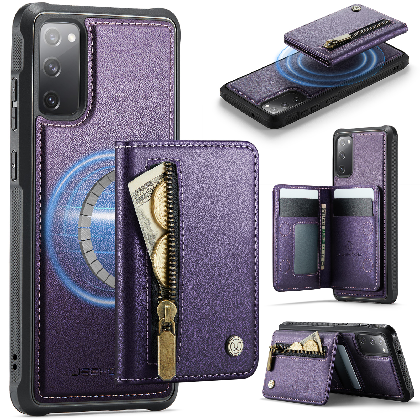 JEEHOOD For Samsung Galaxy S20 FE Case J12 Magnetic Detachable Zipper Wallet Kickstand Leather Back Cover Magnetic Case - Purple