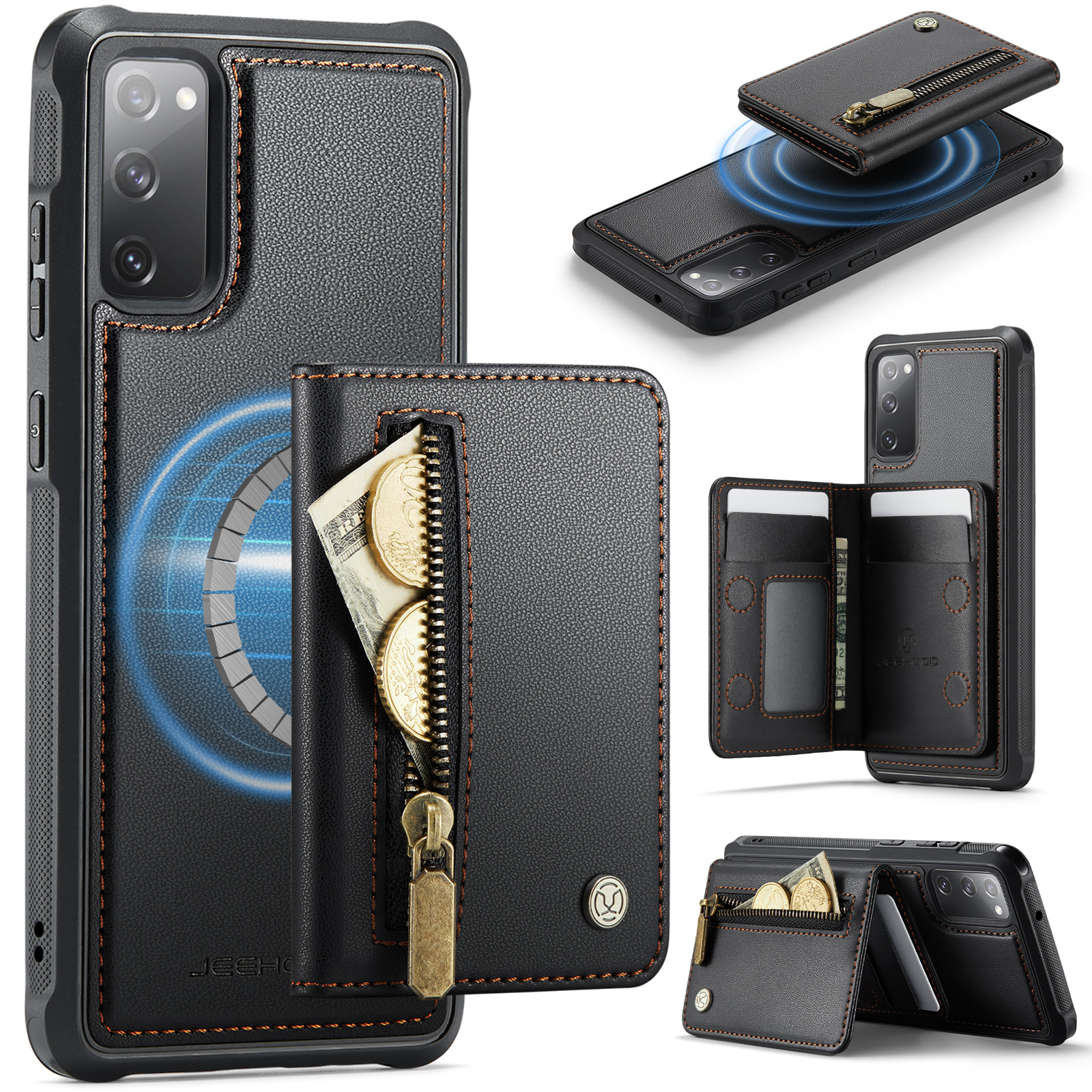 JEEHOOD For Samsung Galaxy S20 FE Case J12 Magnetic Detachable Zipper Wallet Kickstand Leather Back Cover Magnetic Case - Black