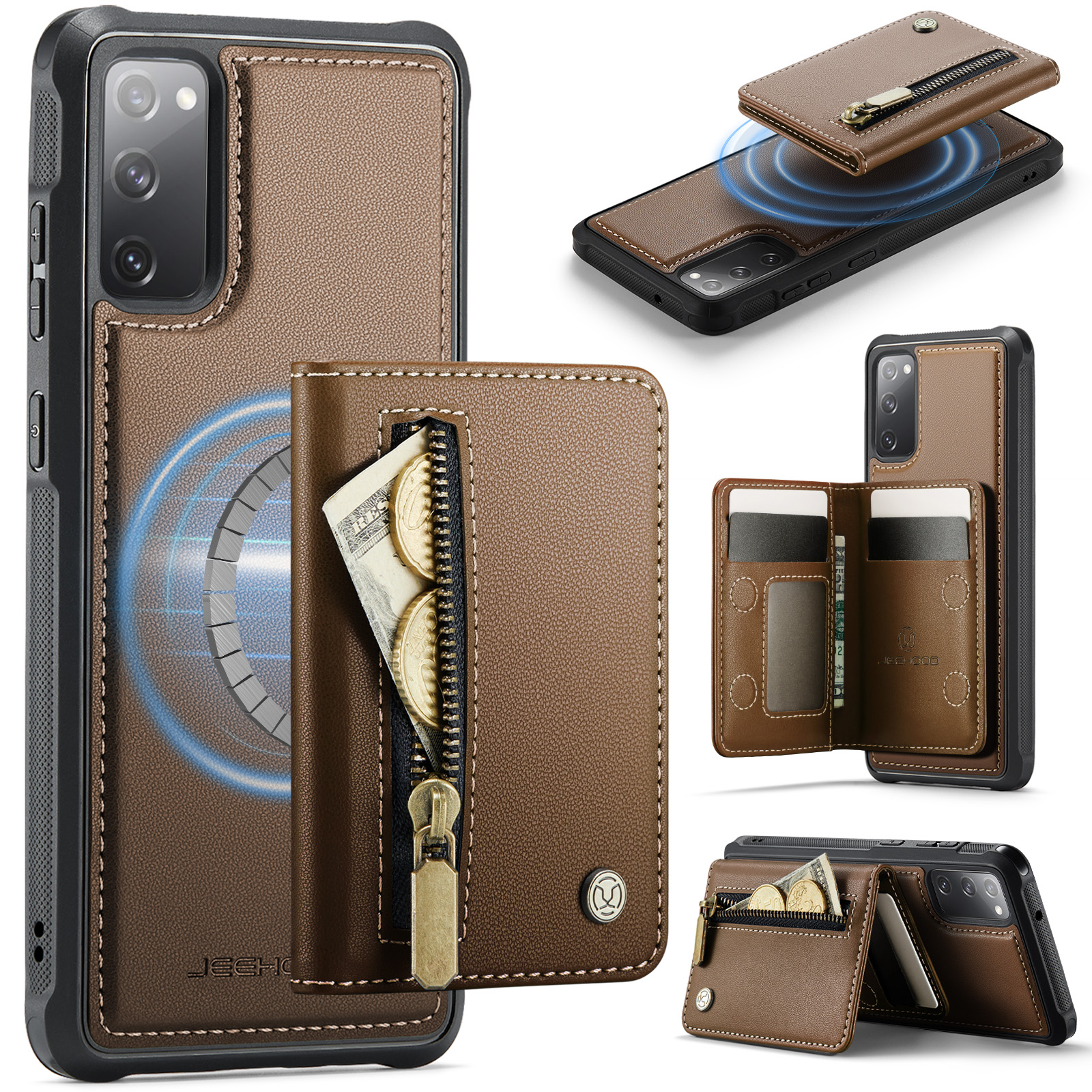 JEEHOOD For Samsung Galaxy S20 FE Case J12 Magnetic Detachable Zipper Wallet Kickstand Leather Back Cover Magnetic Case - Brown