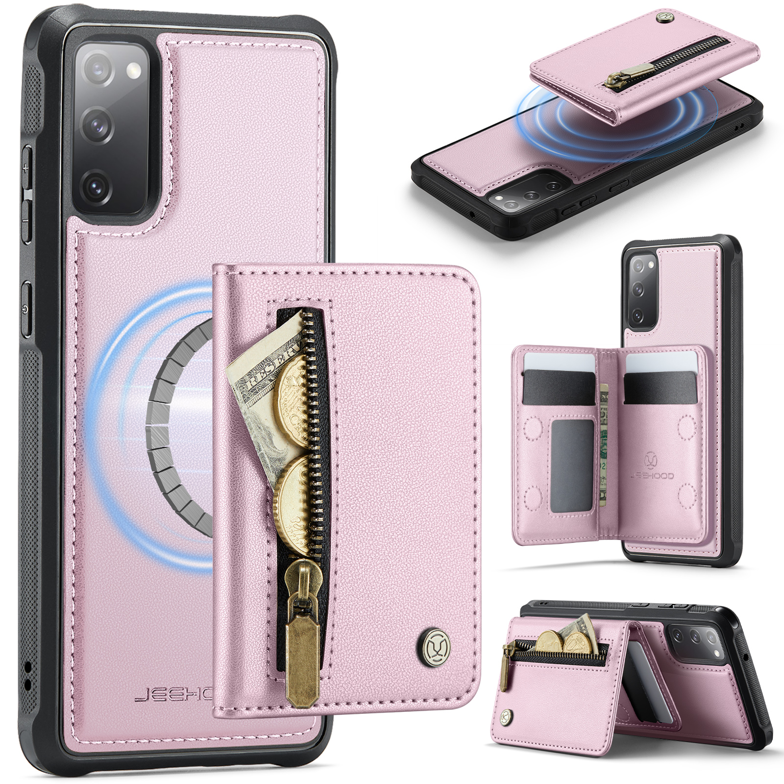 JEEHOOD For Samsung Galaxy S20 FE Case  J12 Magnetic Detachable Zipper Wallet Kickstand Leather Back Cover Magnetic Case - Pink