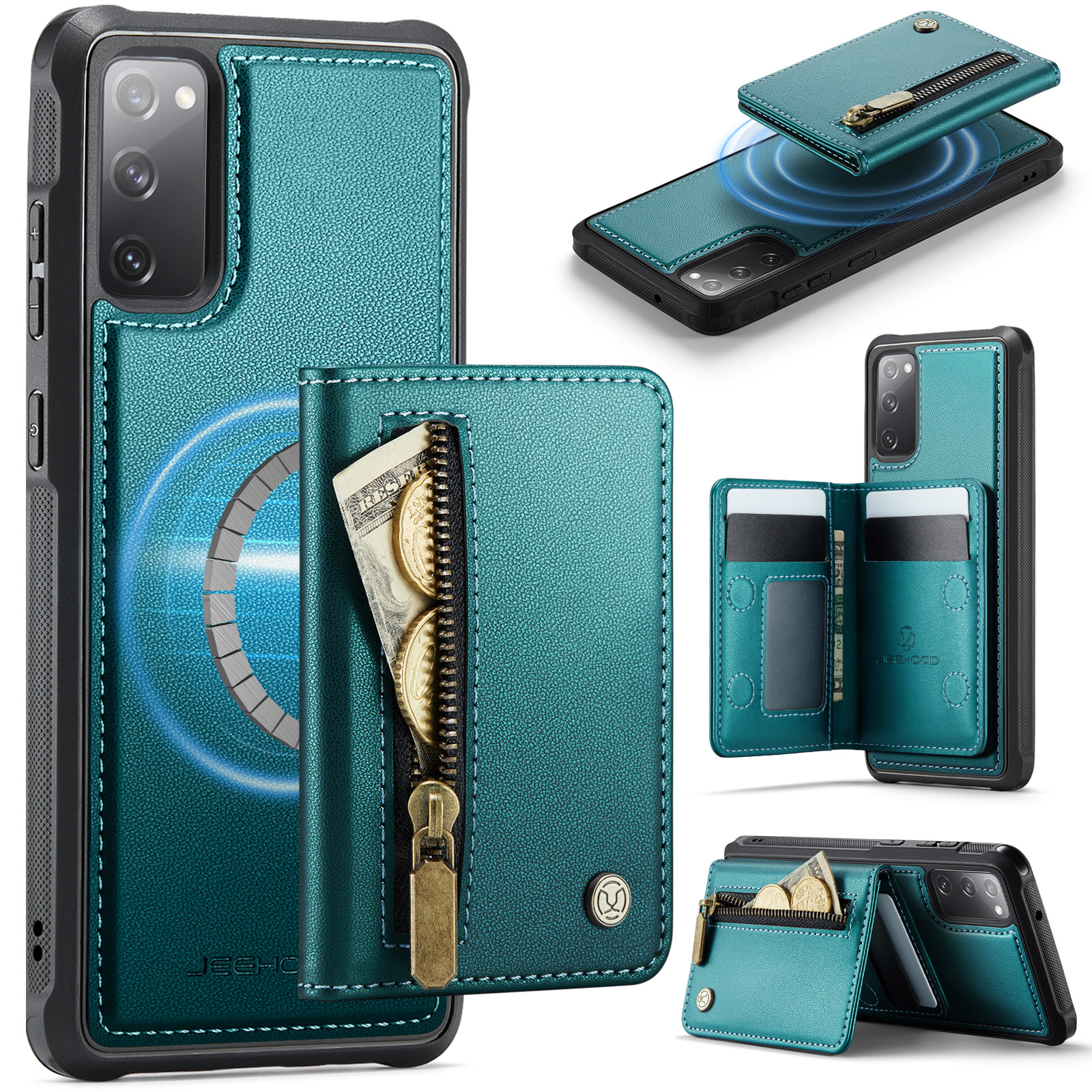 JEEHOOD For Samsung Galaxy S20 FE Case J12 Magnetic Detachable Zipper Wallet Kickstand Leather Back Cover Magnetic Case - Blue
