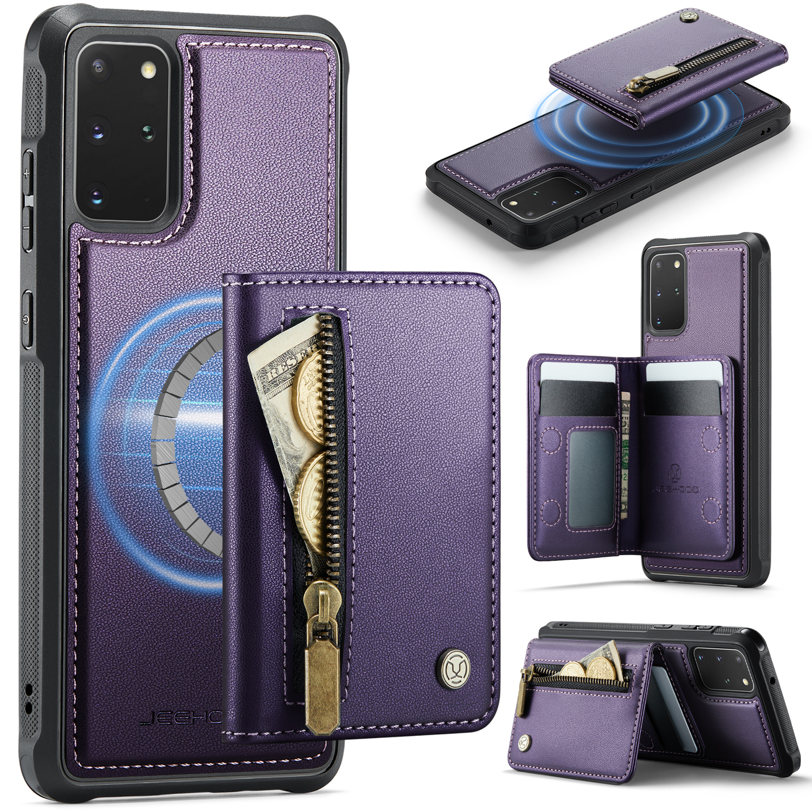 JEEHOOD For Samsung Galaxy S20 Plus 5G Case  J12 Magnetic Detachable Zipper Wallet Kickstand Leather Back Cover Magnetic Case - Purple