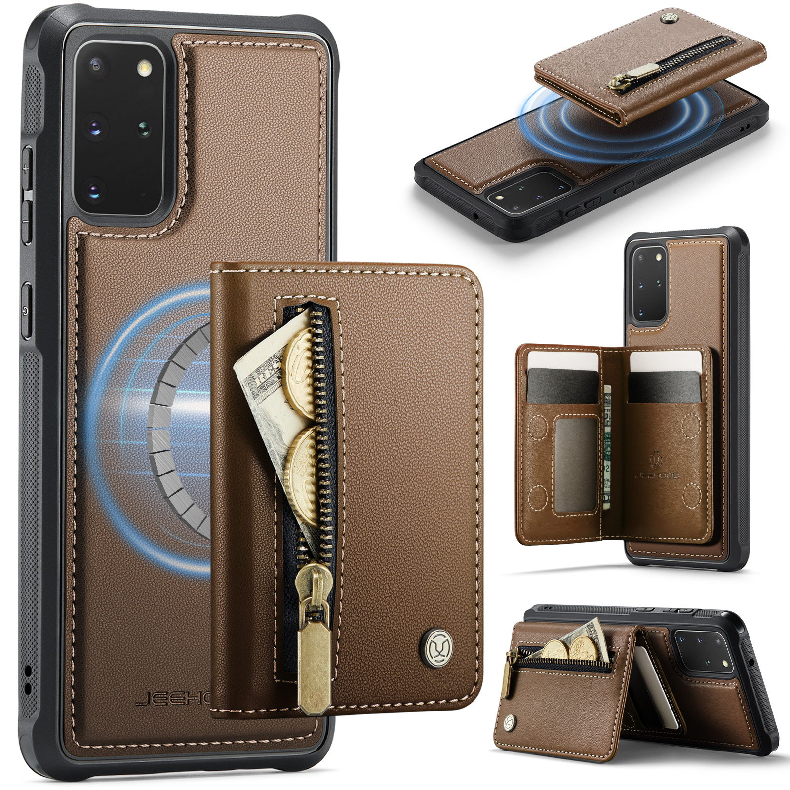 JEEHOOD For Samsung Galaxy S20 Plus 5G Case J12 Magnetic Detachable Zipper Wallet Kickstand Leather Back Cover Magnetic Case - Brown