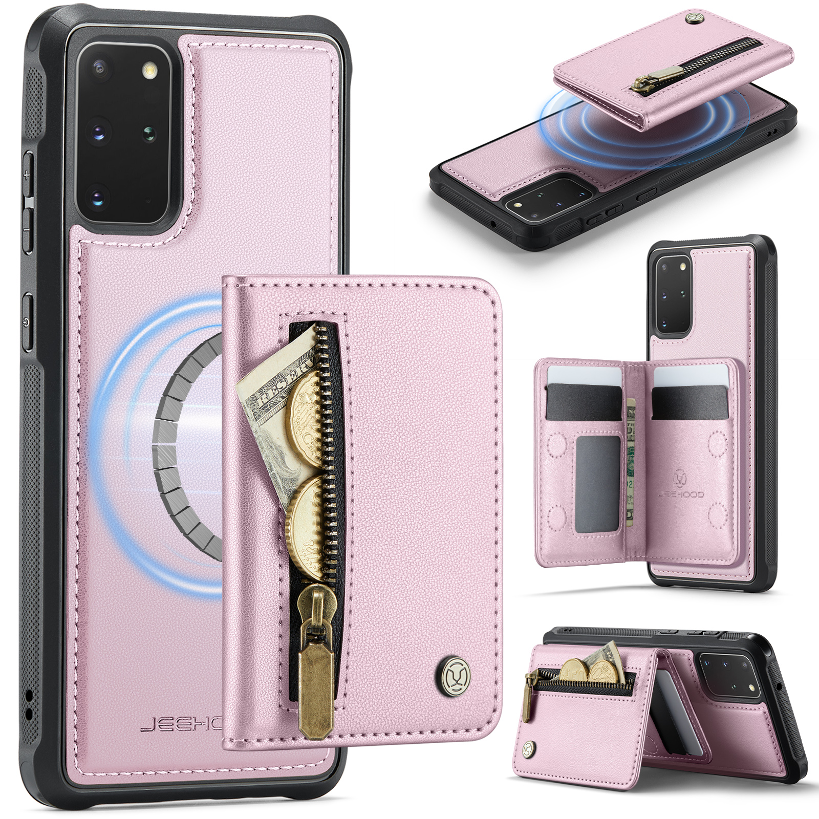 JEEHOOD For Samsung Galaxy S20 Plus 5G Case J12 Magnetic Detachable Zipper Wallet Kickstand Leather Back Cover Magnetic Case - Pink