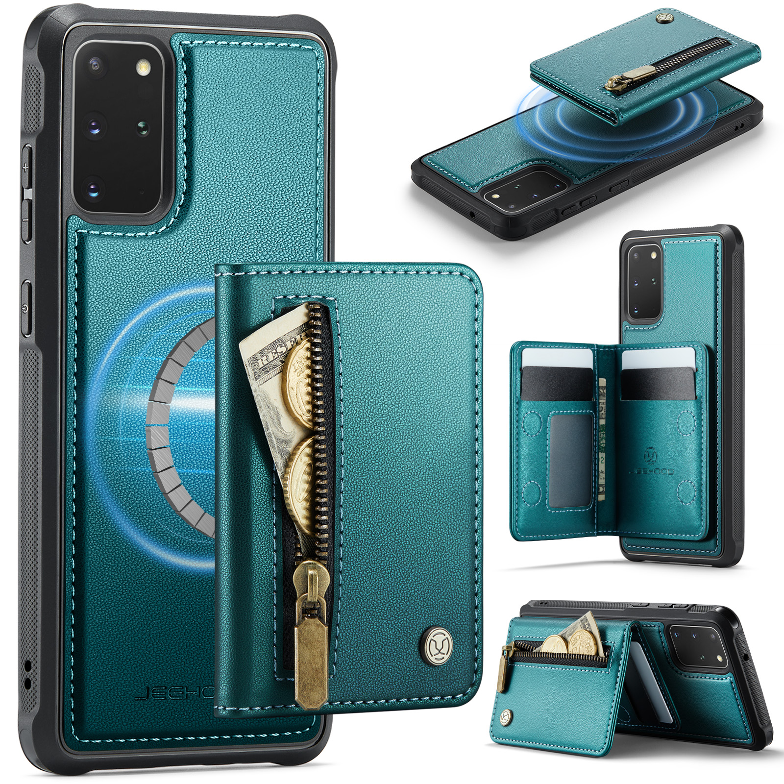 JEEHOOD For Samsung Galaxy S20 Plus 5G Case  J12 Magnetic Detachable Zipper Wallet Kickstand Leather Back Cover Magnetic Case - Blue