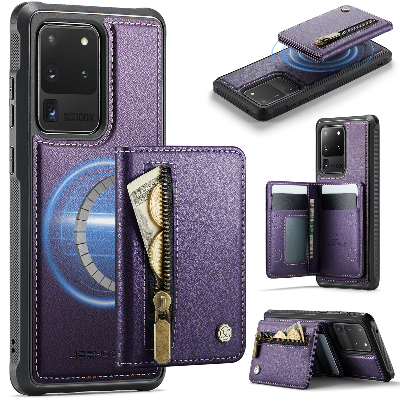 JEEHOOD For Samsung Galaxy S20 Ultra Case J12 Magnetic Detachable Zipper Wallet Kickstand Leather Back Cover Magnetic Case - Purple