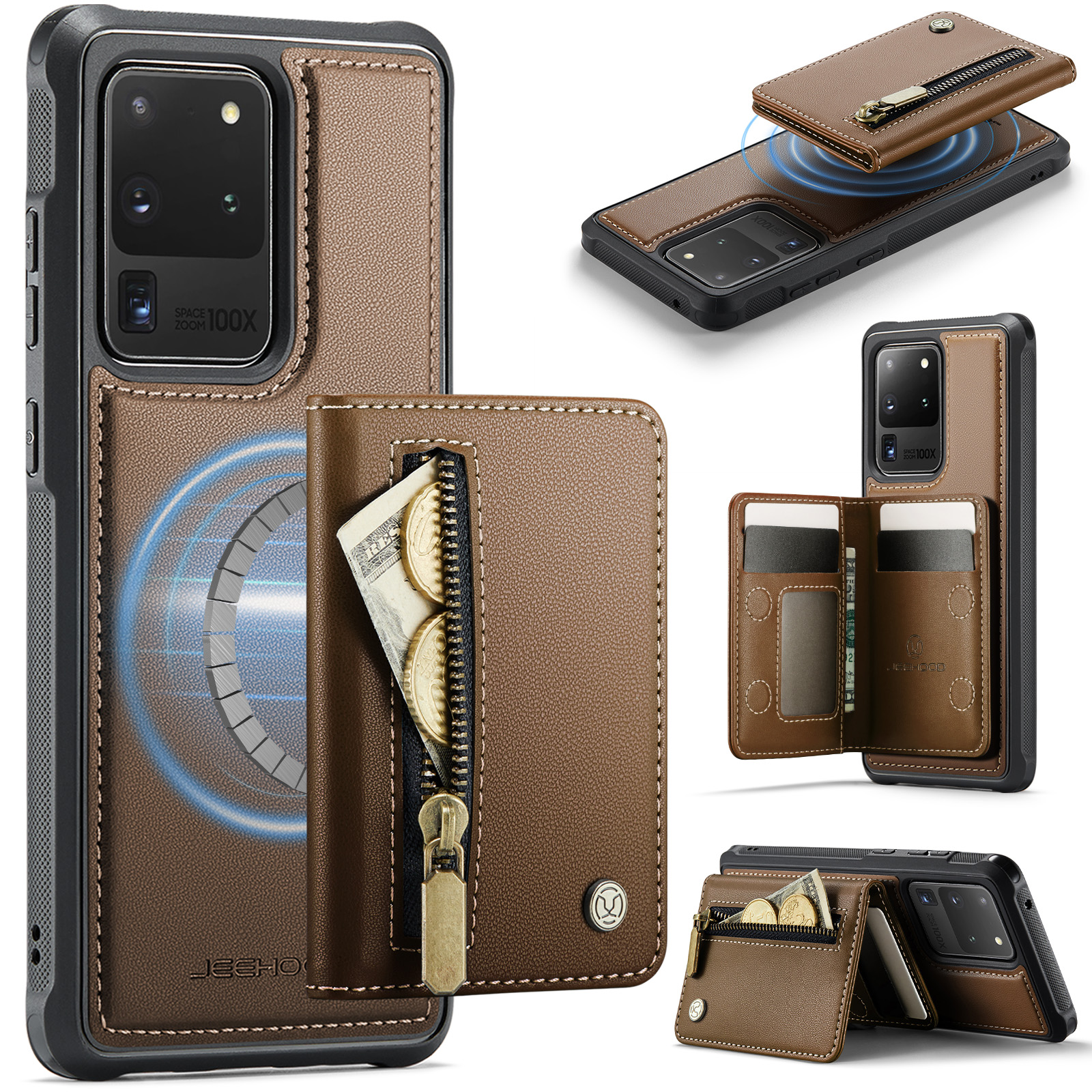JEEHOOD For Samsung Galaxy S20 Ultra Case  J12 Magnetic Detachable Zipper Wallet Kickstand Leather Back Cover Magnetic Case - Brown