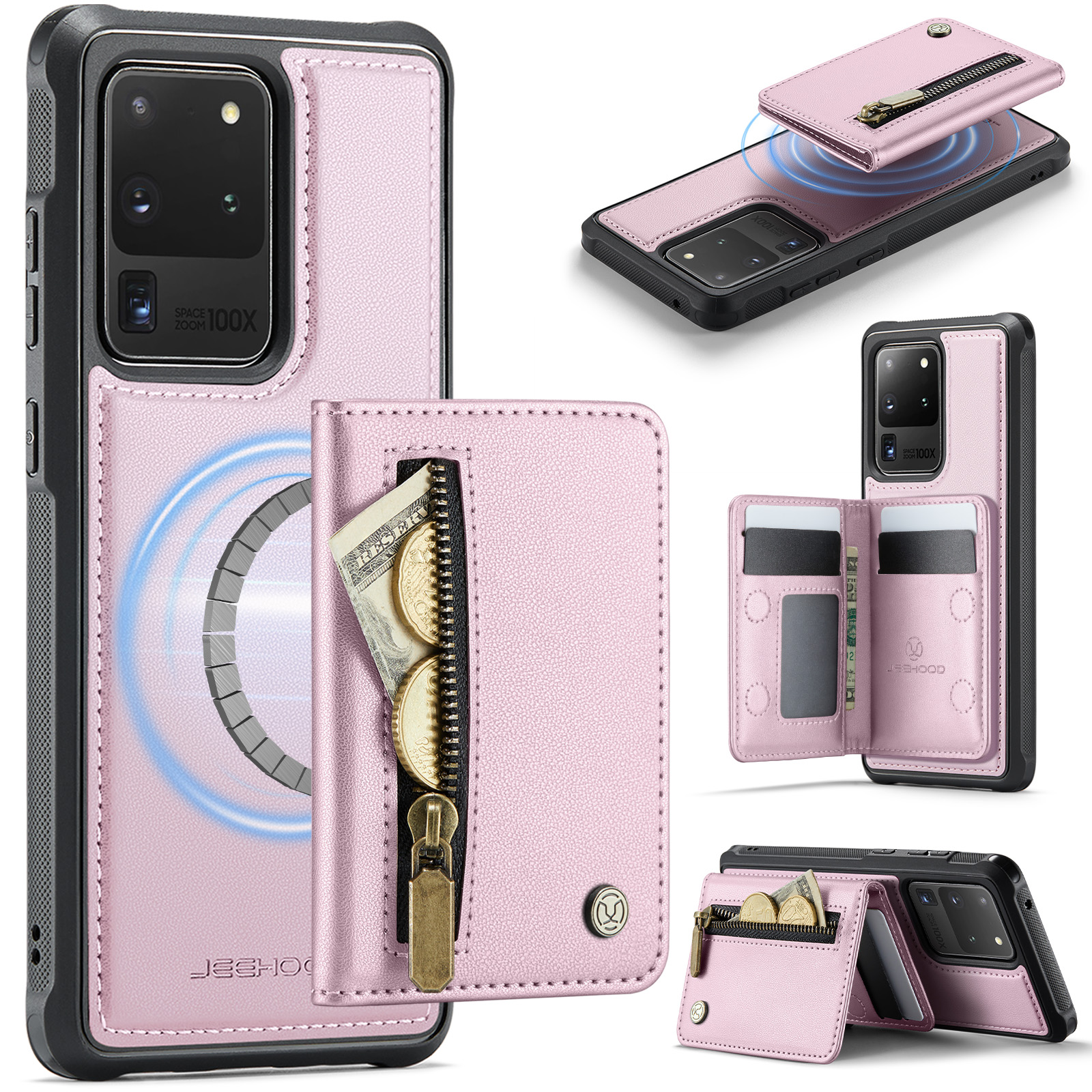 JEEHOOD For Samsung Galaxy S20 Ultra Case  J12 Magnetic Detachable Zipper Wallet Kickstand Leather Back Cover Magnetic Case - Pink