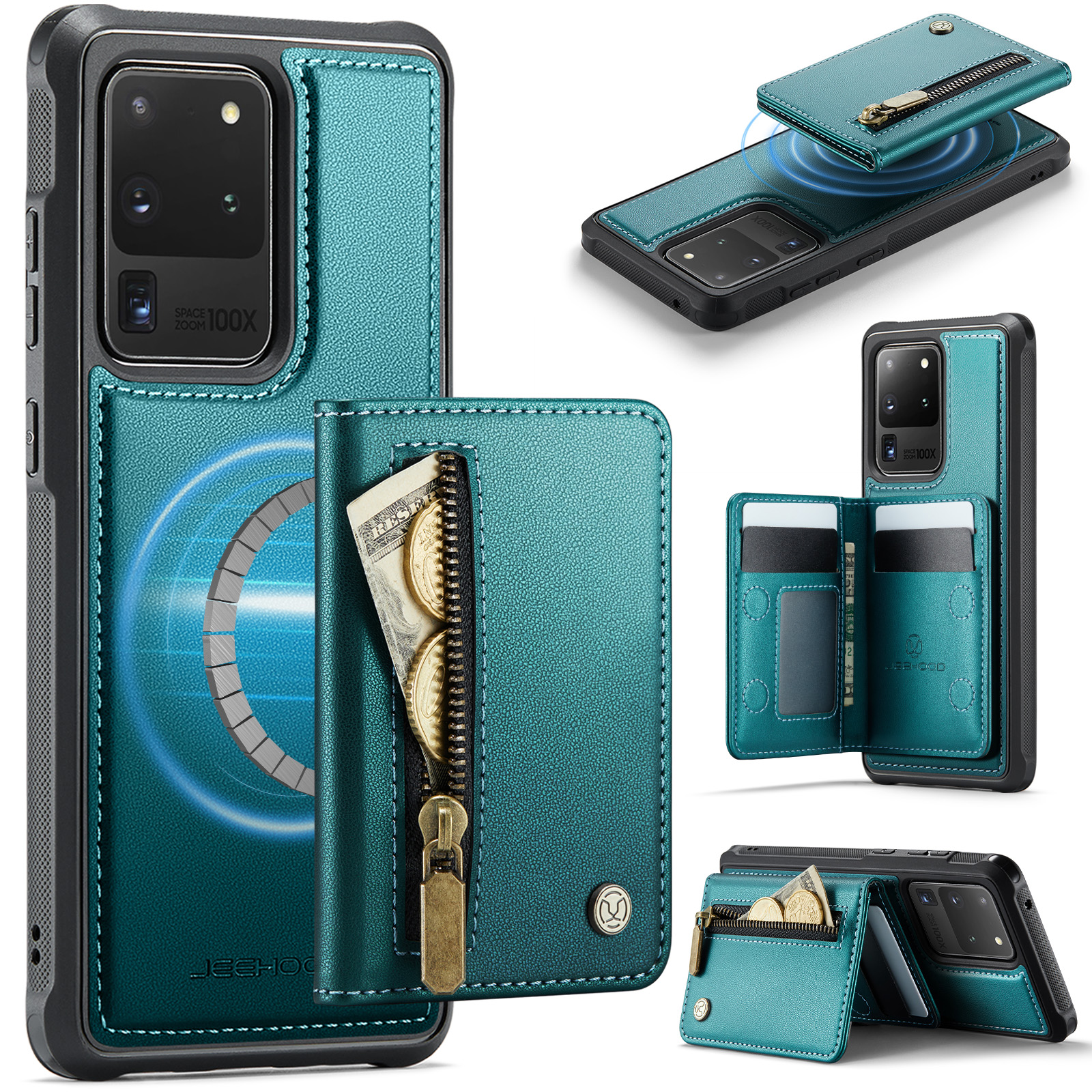 JEEHOOD For Samsung Galaxy S20 Ultra Case J12 Magnetic Detachable Zipper Wallet Kickstand Leather Back Cover Magnetic Case - Blue