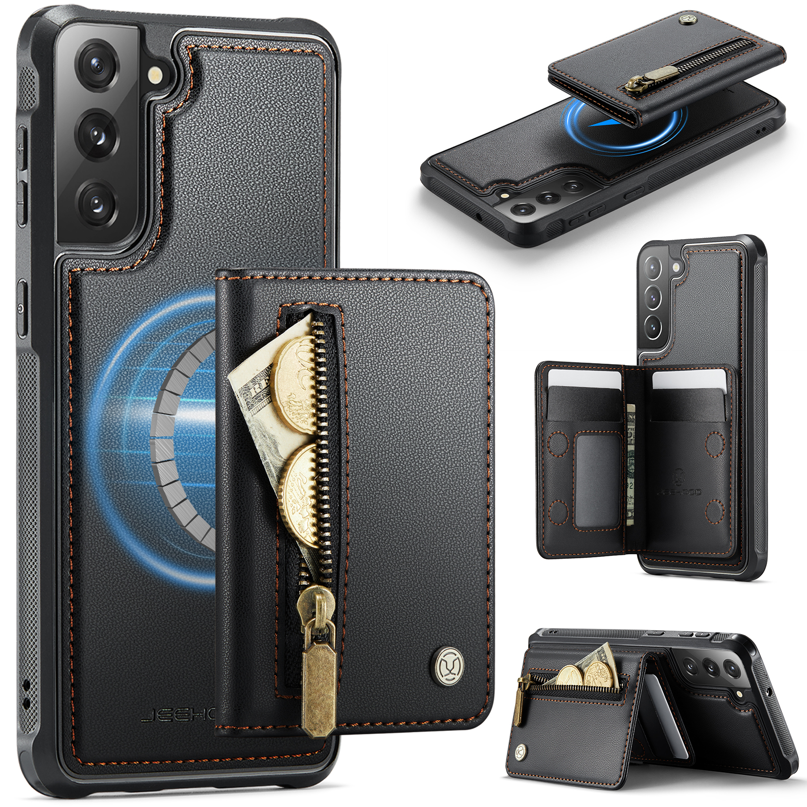 JEEHOOD For Samsung Galaxy S21 FE 5G Case J12 Magnetic Detachable Zipper Wallet Kickstand Leather Back Cover Magnetic Case - Black