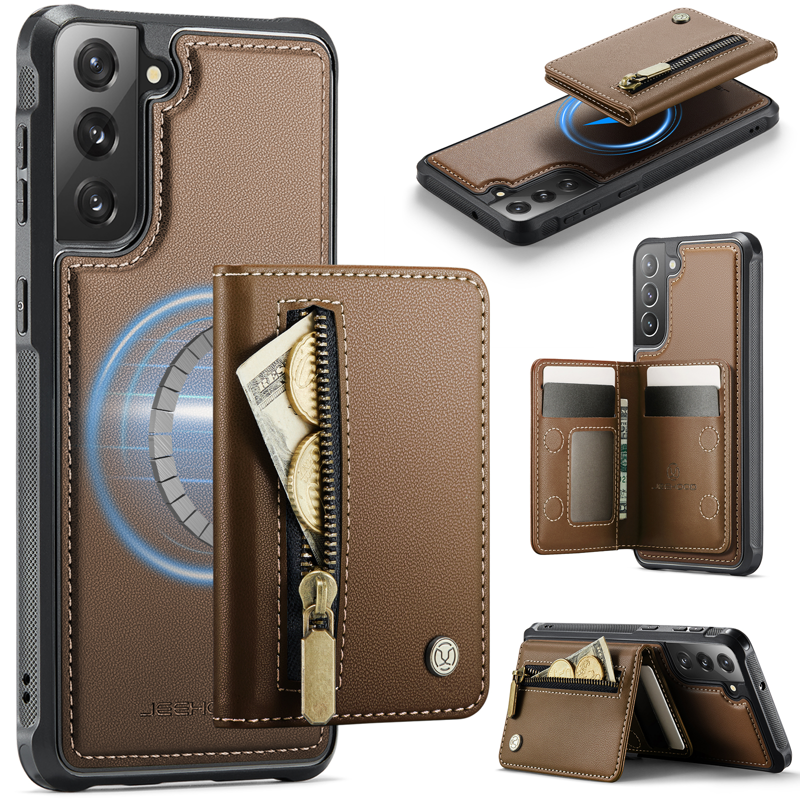 JEEHOOD For Samsung Galaxy S22 5G Case  J12 Magnetic Detachable Zipper Wallet Kickstand Leather Back Cover Magnetic Case - Brown