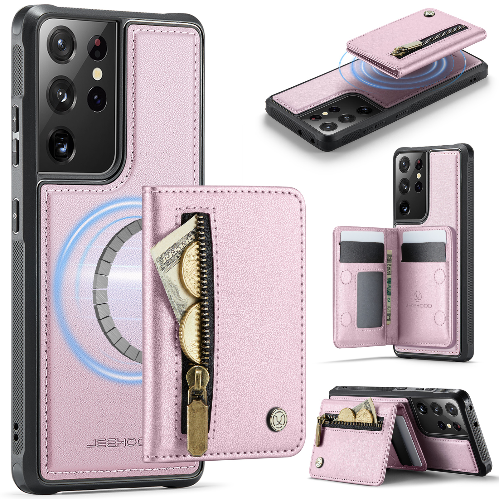 JEEHOOD For Samsung Galaxy S21 Ultra 5G Case  J12 Magnetic Detachable Zipper Wallet Kickstand Leather Back Cover Magnetic Case - Pink