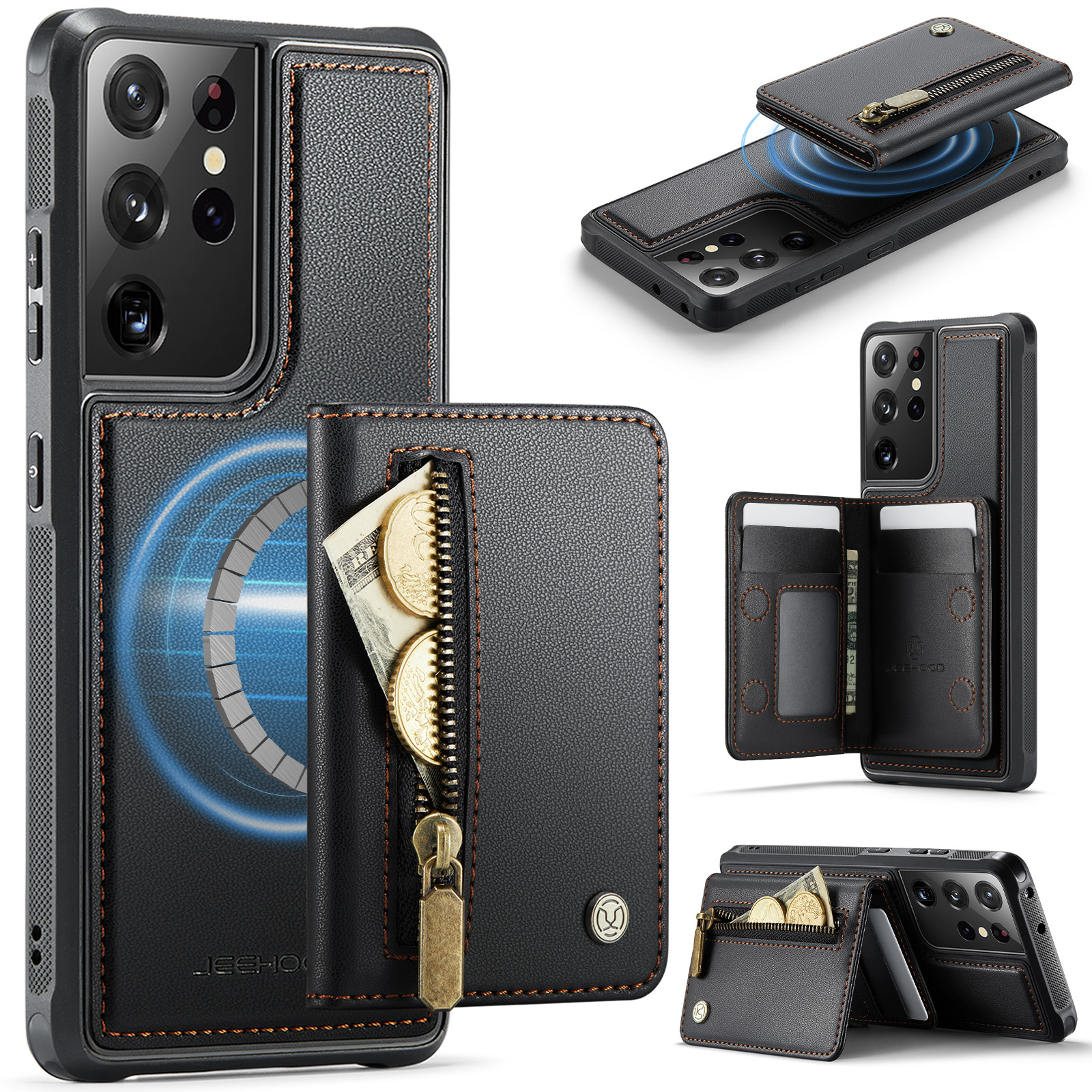 JEEHOOD For Samsung Galaxy S21 Ultra 5G Case  J12 Magnetic Detachable Zipper Wallet Kickstand Leather Back Cover Magnetic Case - Black