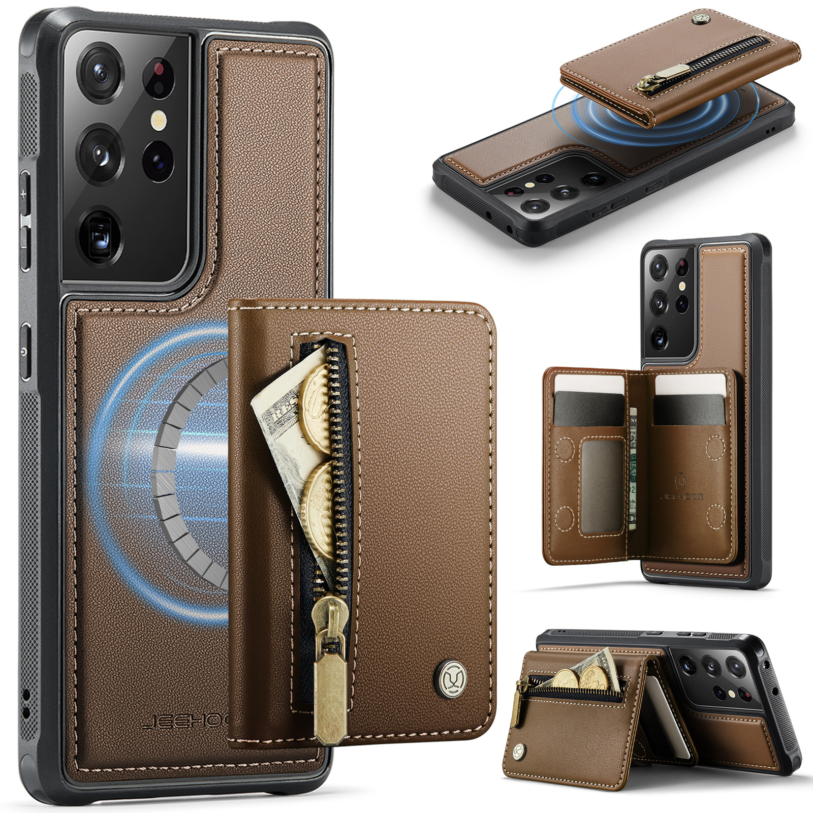 JEEHOOD For Samsung Galaxy S21 Ultra 5G Case J12 Magnetic Detachable Zipper Wallet Kickstand Leather Back Cover Magnetic Case - Brown
