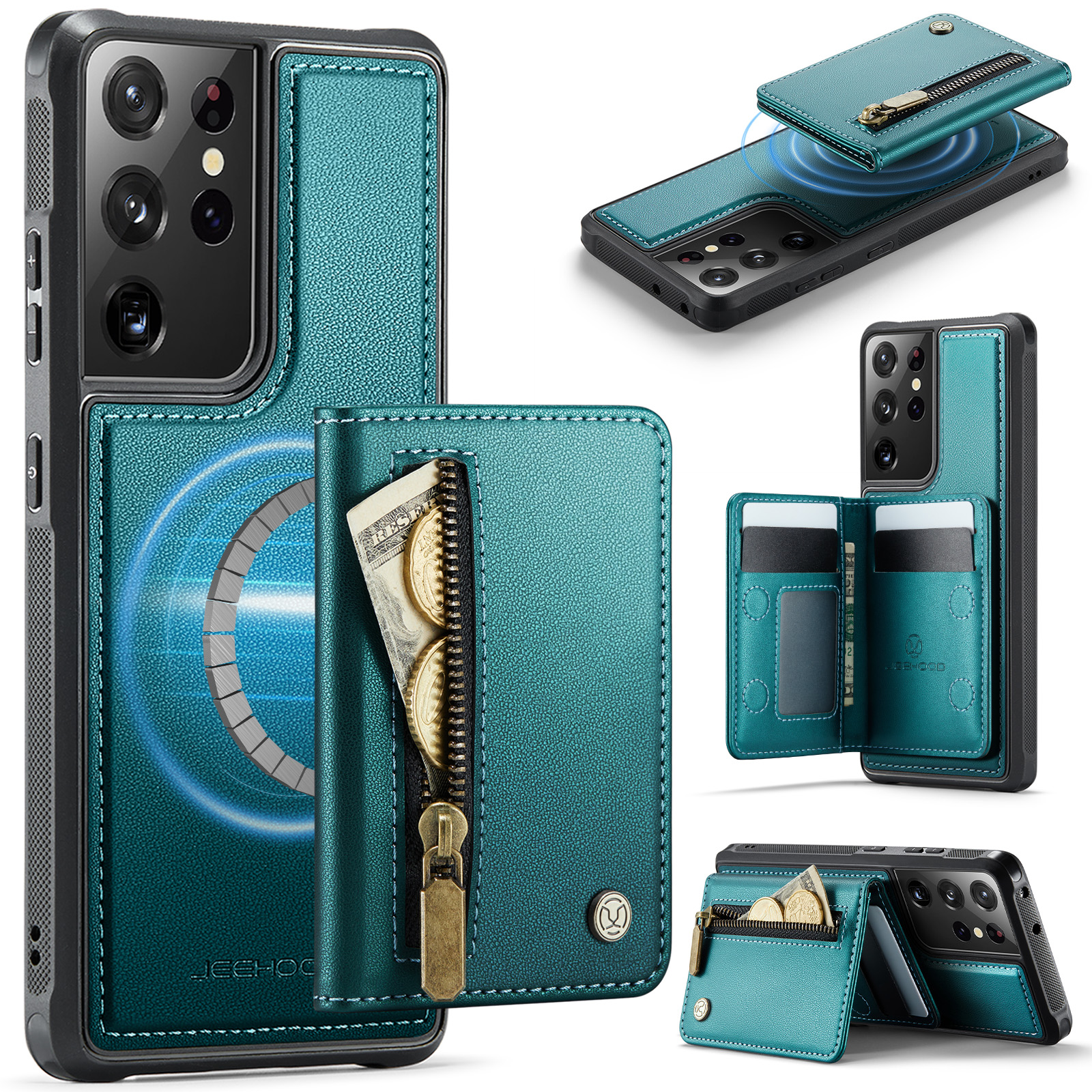 JEEHOOD For Samsung Galaxy S21 Ultra 5G Case J12 Magnetic Detachable Zipper Wallet Kickstand Leather Back Cover Magnetic Case - Blue