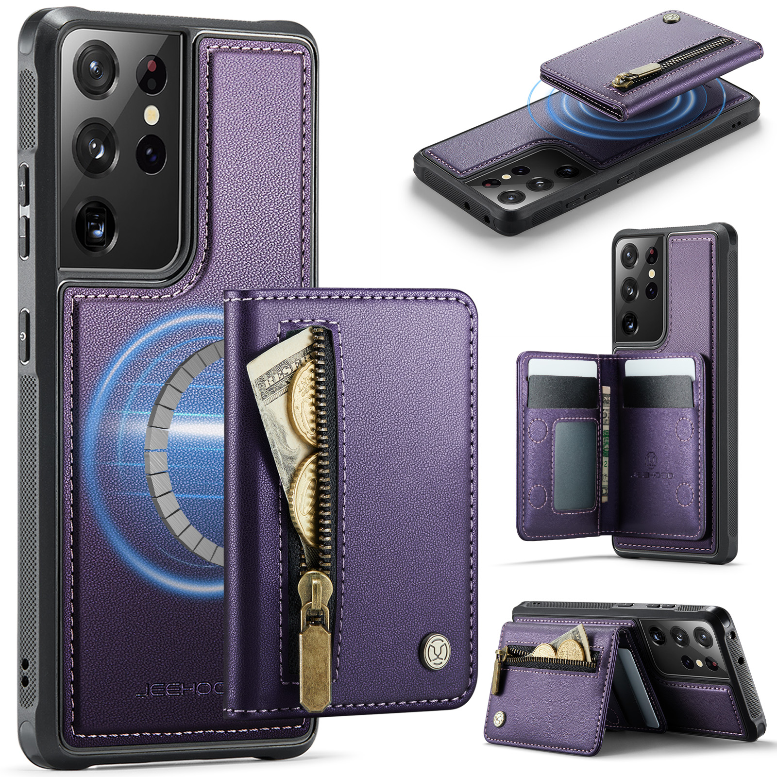 JEEHOOD For Samsung Galaxy S21 Ultra 5G Case  J12 Magnetic Detachable Zipper Wallet Kickstand Leather Back Cover Magnetic Case - Purple