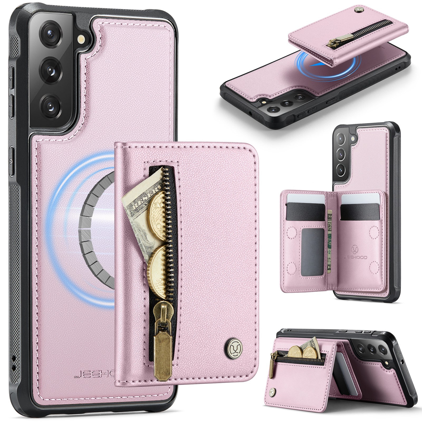 JEEHOOD For Samsung Galaxy S22+ 5G Case J12 Magnetic Detachable Zipper Wallet Kickstand Leather Back Cover Magnetic Case - Pink