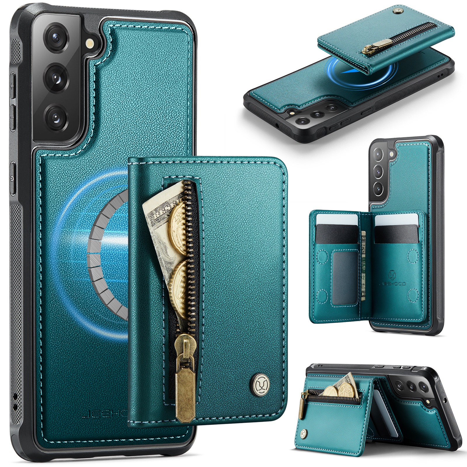 JEEHOOD For Samsung Galaxy S22+ 5G Case J12 Magnetic Detachable Zipper Wallet Kickstand Leather Back Cover Magnetic Case - Blue
