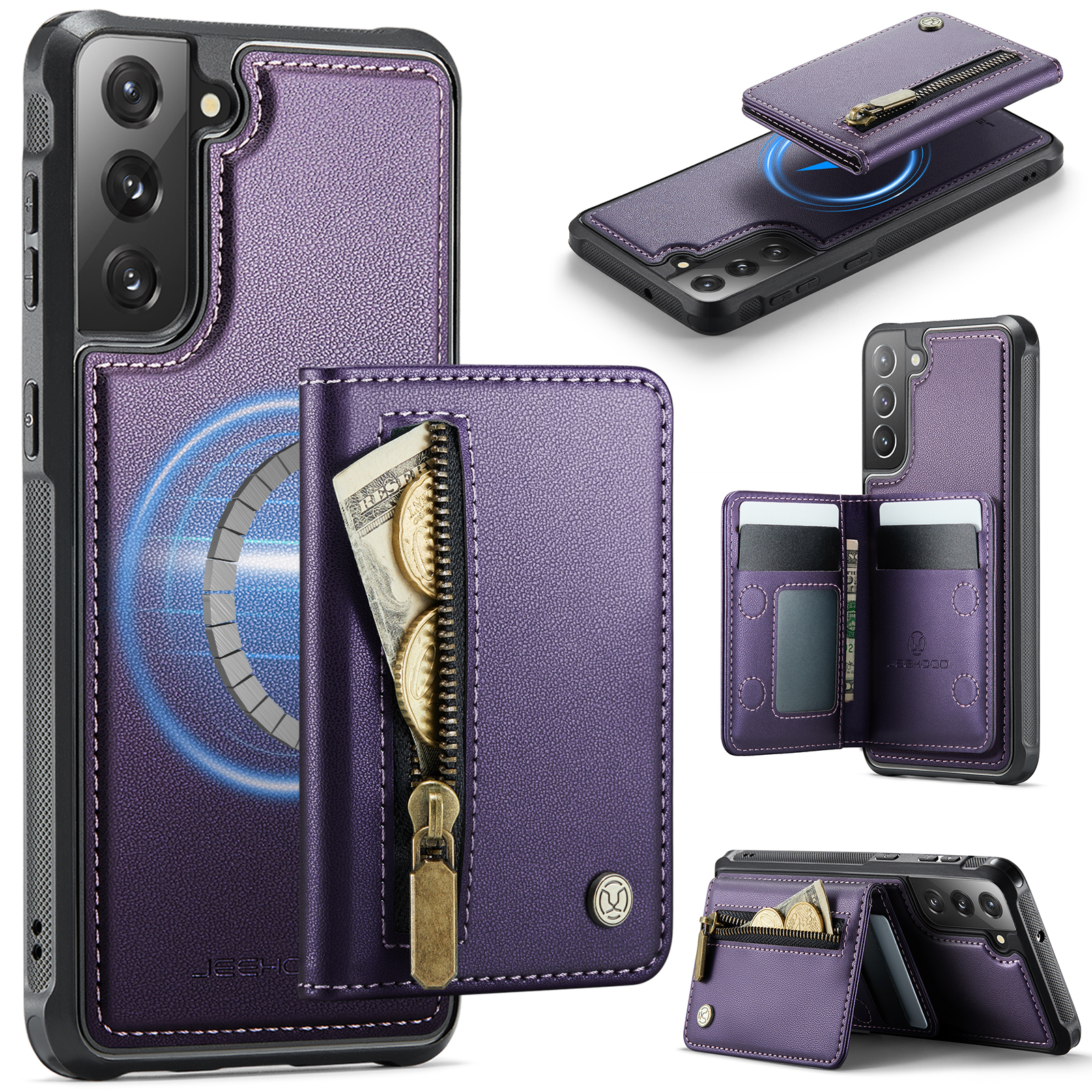 JEEHOOD For Samsung Galaxy S22+ 5G Case J12 Magnetic Detachable Zipper Wallet Kickstand Leather Back Cover Magnetic Case - Purple