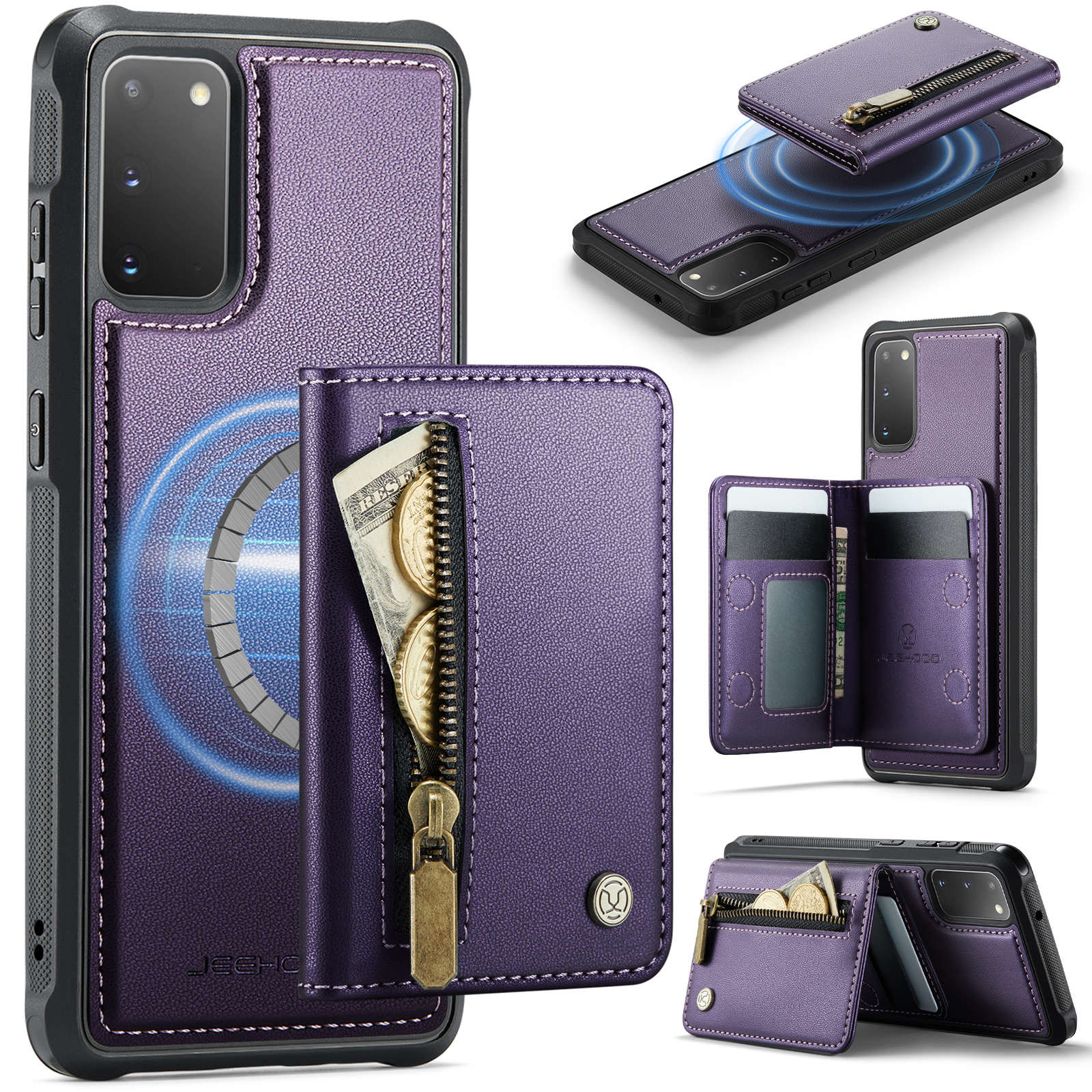 JEEHOOD For Samsung Galaxy S20 4G / Galaxy S20 5G Case J12 Magnetic Detachable Zipper Wallet Kickstand Leather Back Cover Magnetic Case - Purple