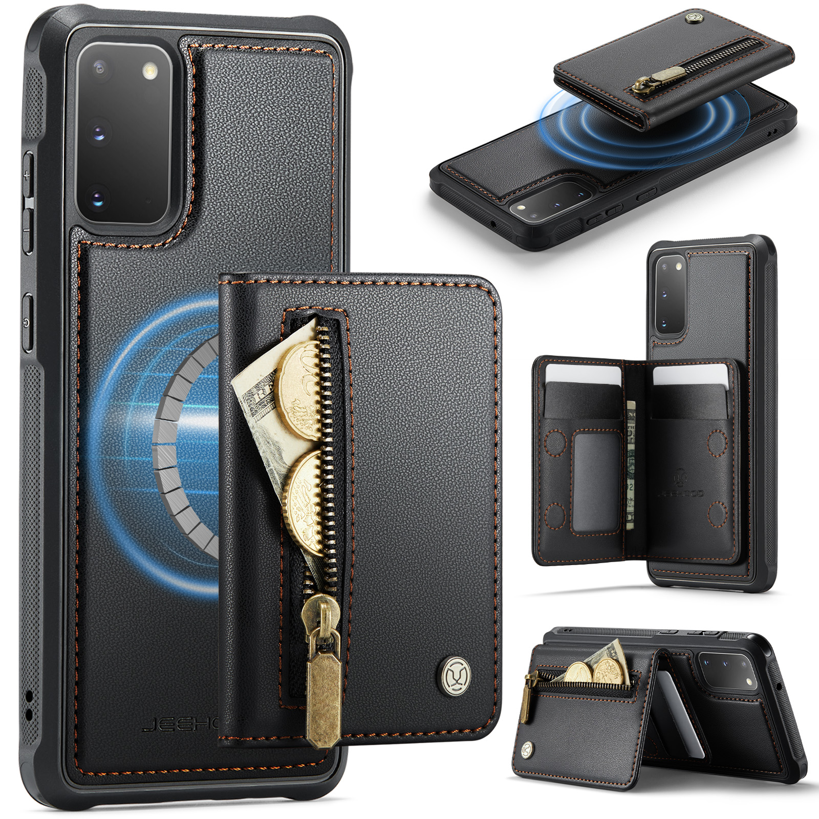 JEEHOOD For Samsung Galaxy S20 4G / Galaxy S20 5G Case J12 Magnetic Detachable Zipper Wallet Kickstand Leather Back Cover Magnetic Case - Black