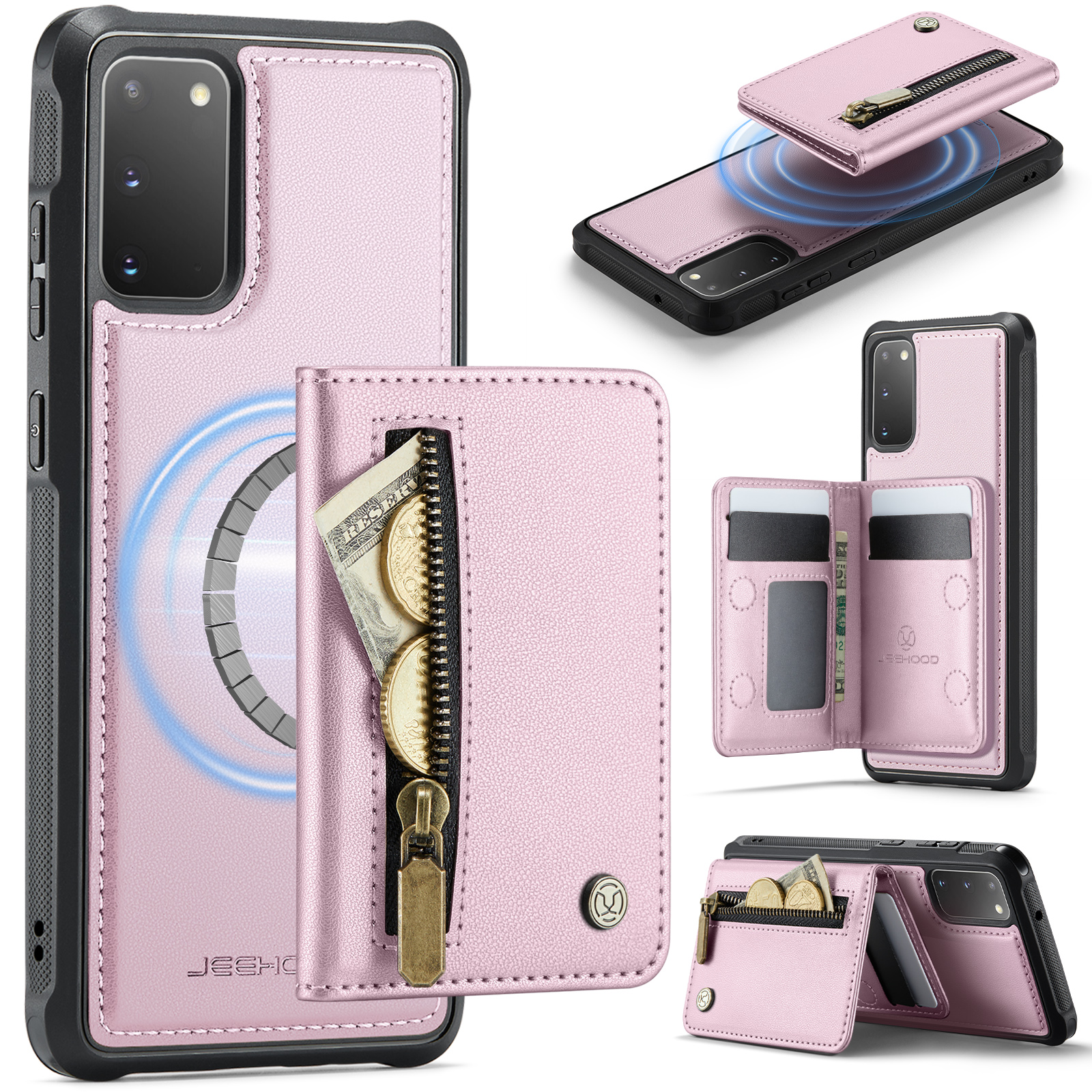 JEEHOOD For Samsung Galaxy S20 4G / Galaxy S20 5G Case J12 Magnetic Detachable Zipper Wallet Kickstand Leather Back Cover Magnetic Case - Pink
