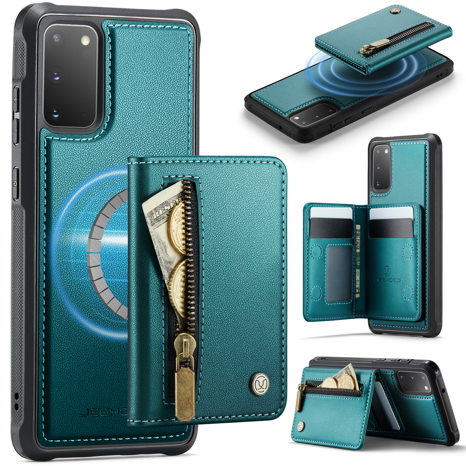 JEEHOOD For Samsung Galaxy S20 4G / Galaxy S20 5G Case J12 Magnetic Detachable Zipper Wallet Kickstand Leather Back Cover Magnetic Case - Blue