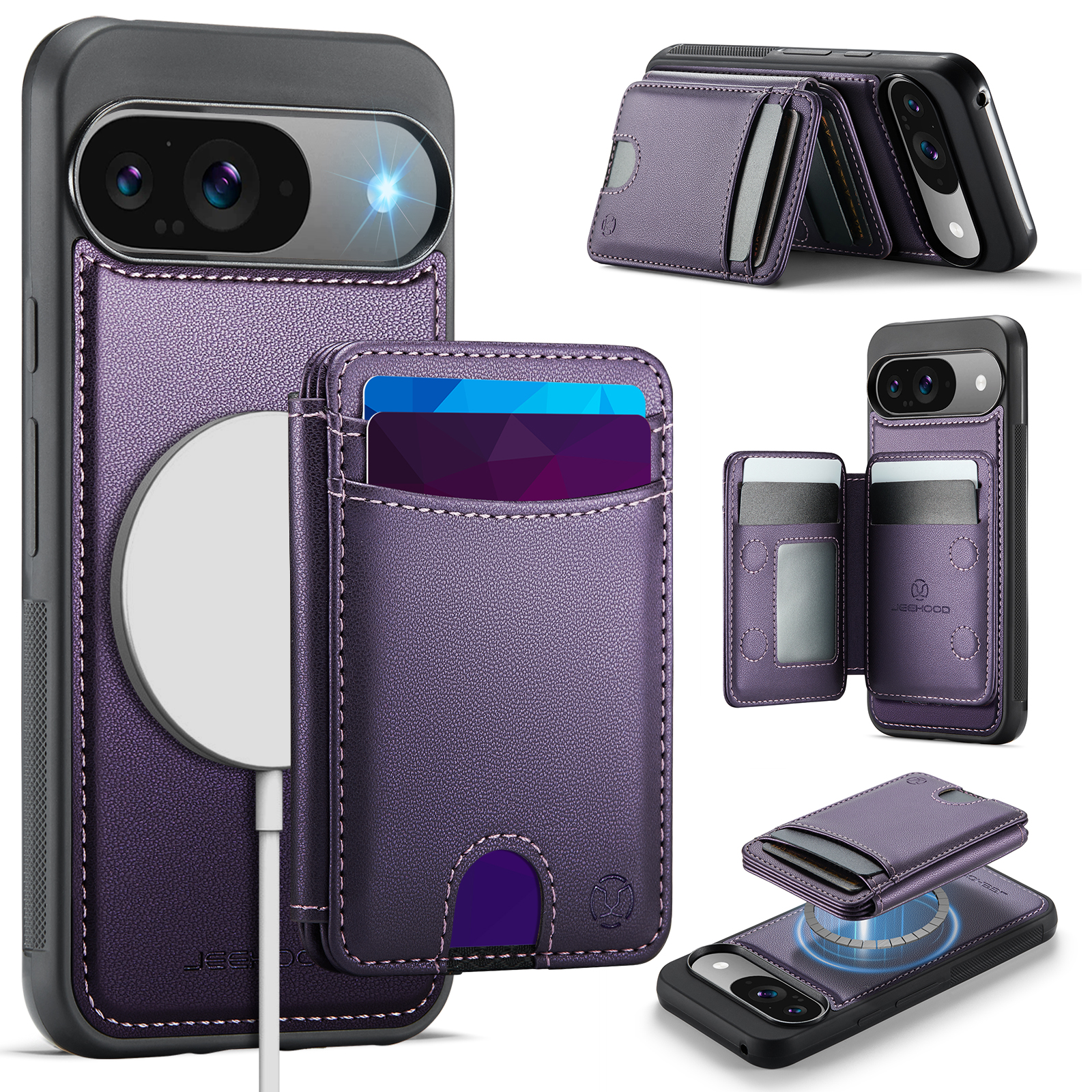 For Google Pixel 9 Pro / Google Pixel 9 Case JEEHOOD J10  Compatible with MagSafe Leather Back Phone Cover with Detachable Card Holder Kickstand - Purple