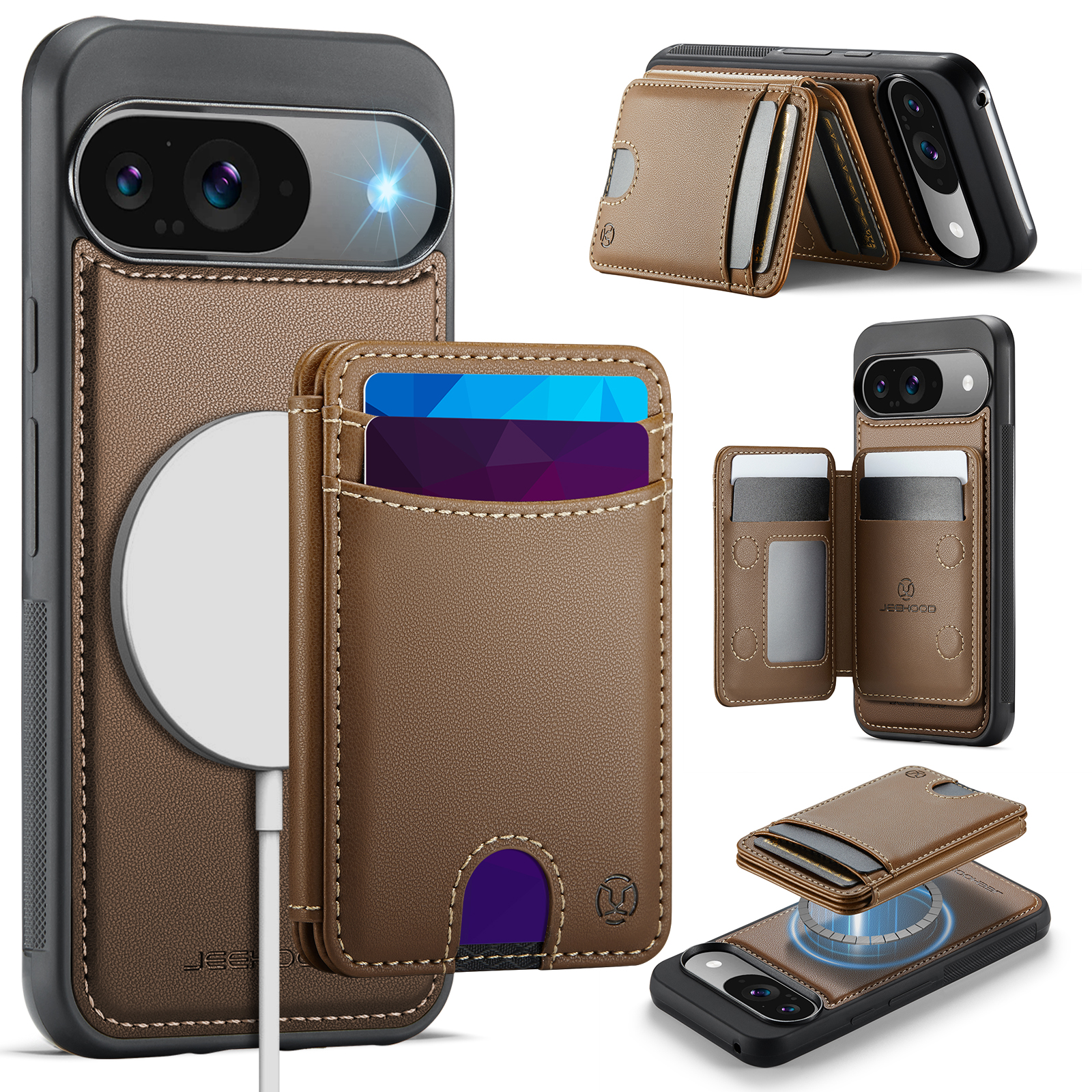 For Google Pixel 9 Pro / Google Pixel 9 Case JEEHOOD J10 Compatible with MagSafe Leather Back Phone Cover with Detachable Card Holder Kickstand - Brown