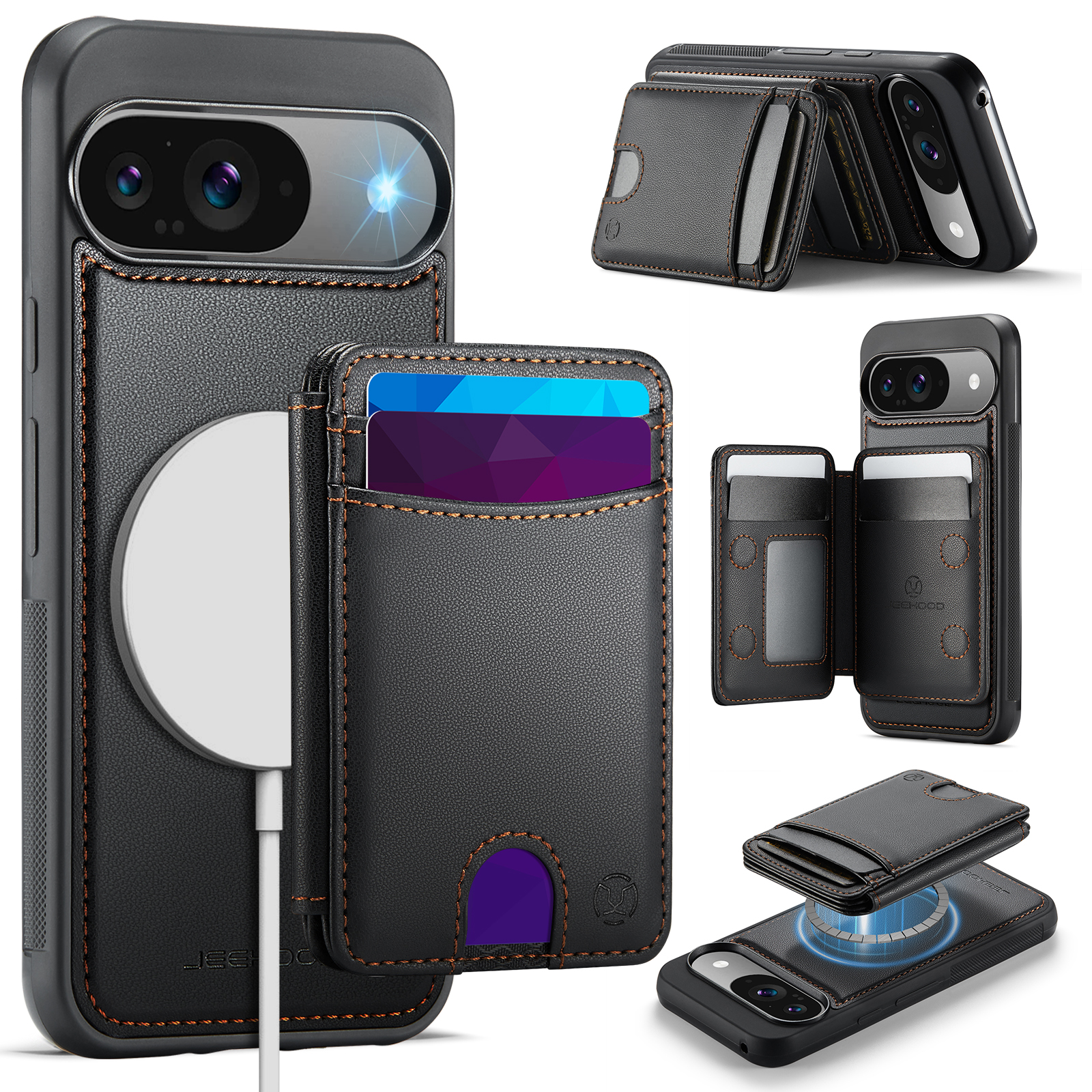 For Google Pixel 9 Pro / Google Pixel 9 Case JEEHOOD J10 Compatible with MagSafe Leather Back Phone Cover with Detachable Card Holder Kickstand - Black