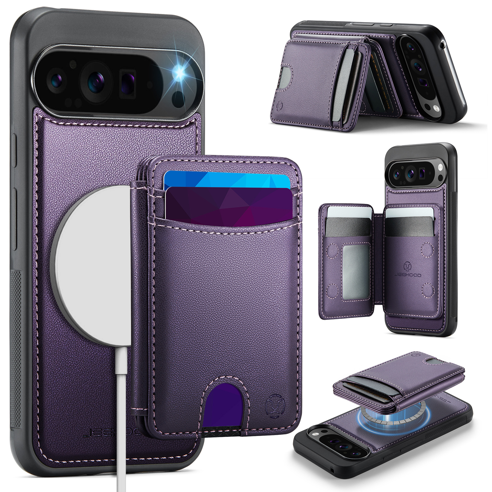 For Google Pixel 10 Pro XL Case JEEHOOD J10  Compatible with MagSafe Leather Back Phone Cover with Detachable Card Holder Kickstand - Purple