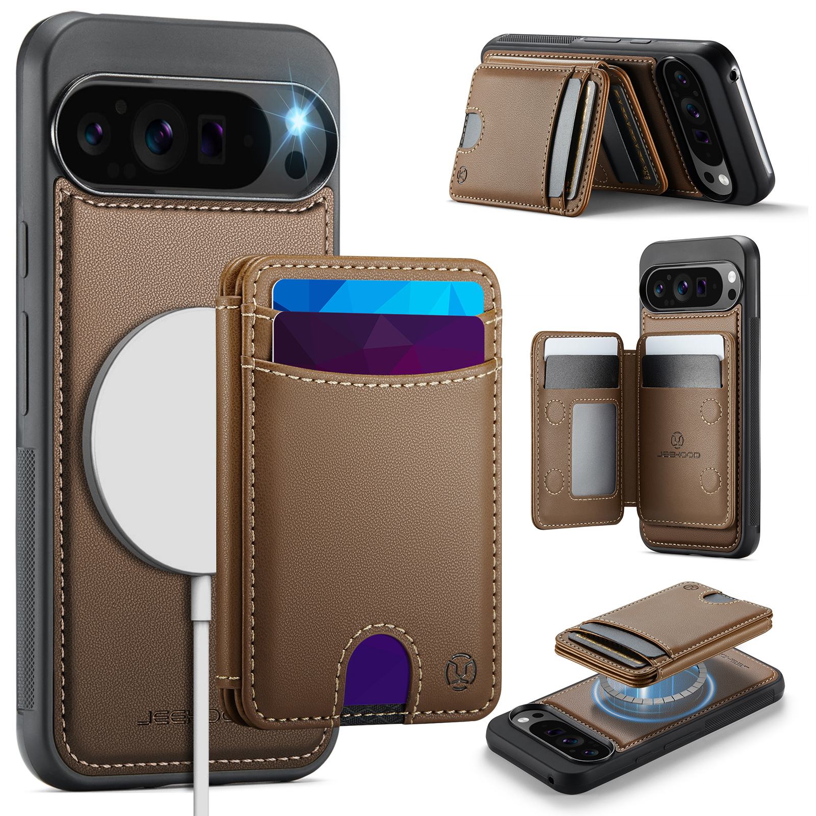 For Google Pixel 10 Pro XL Case JEEHOOD J10 Compatible with MagSafe Leather Back Phone Cover with Detachable Card Holder Kickstand - Brown
