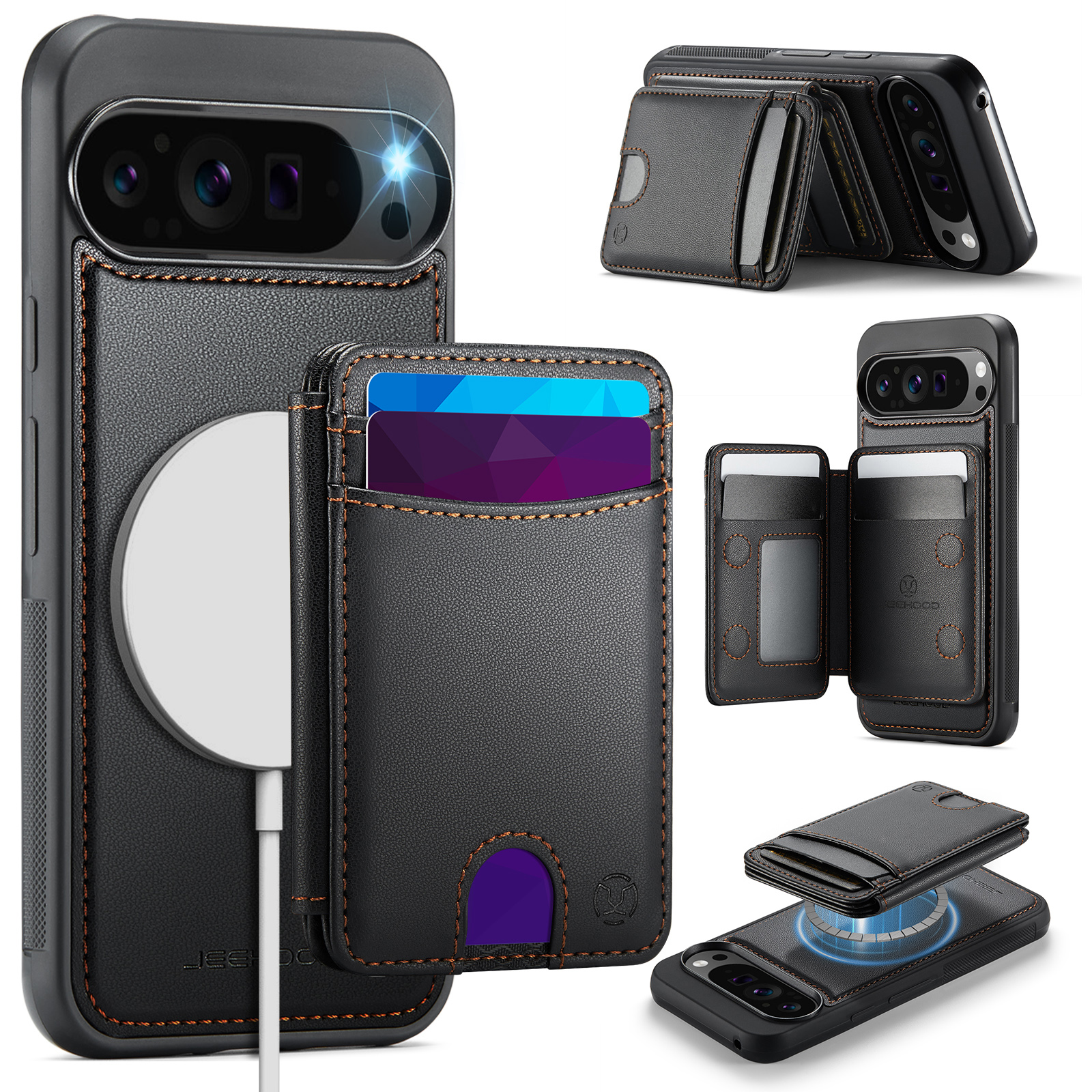 For Google Pixel 10 Pro XL Case JEEHOOD J10 Compatible with MagSafe Leather Back Phone Cover with Detachable Card Holder Kickstand - Black