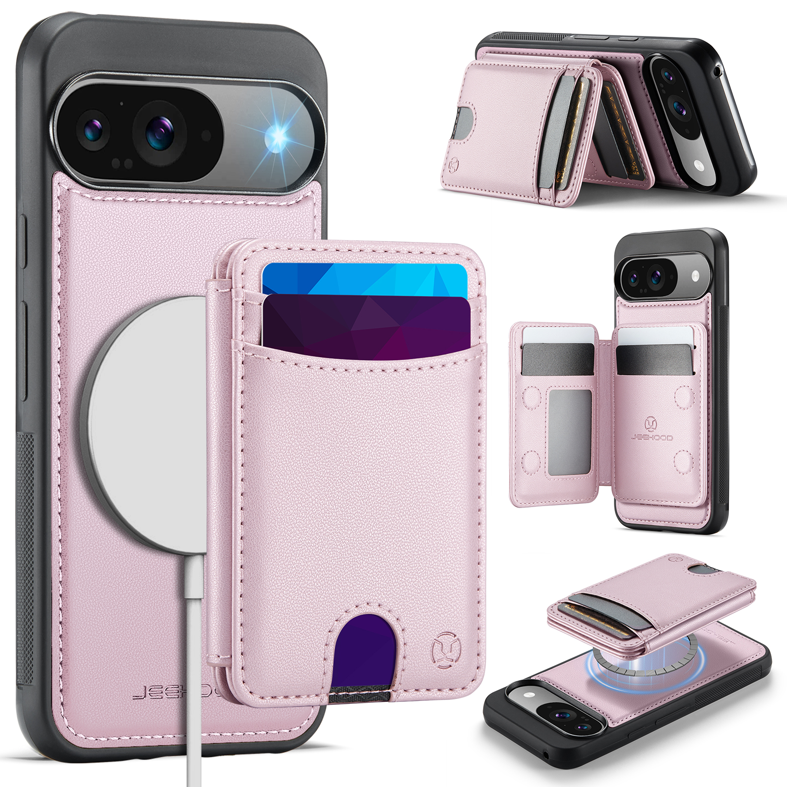 For Google Pixel 10 Pro / Google Pixel 10 Case JEEHOOD J10  Compatible with MagSafe Leather Back Phone Cover with Detachable Card Holder Kickstand - Pink