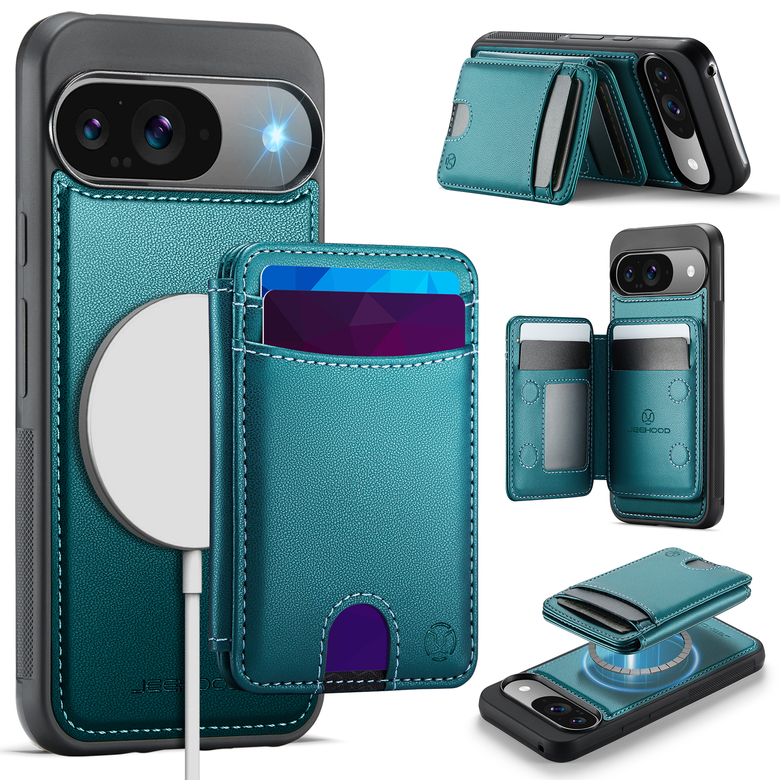 For Google Pixel 10 Pro / Google Pixel 10 Case JEEHOOD J10  Compatible with MagSafe Leather Back Phone Cover with Detachable Card Holder Kickstand - Blue